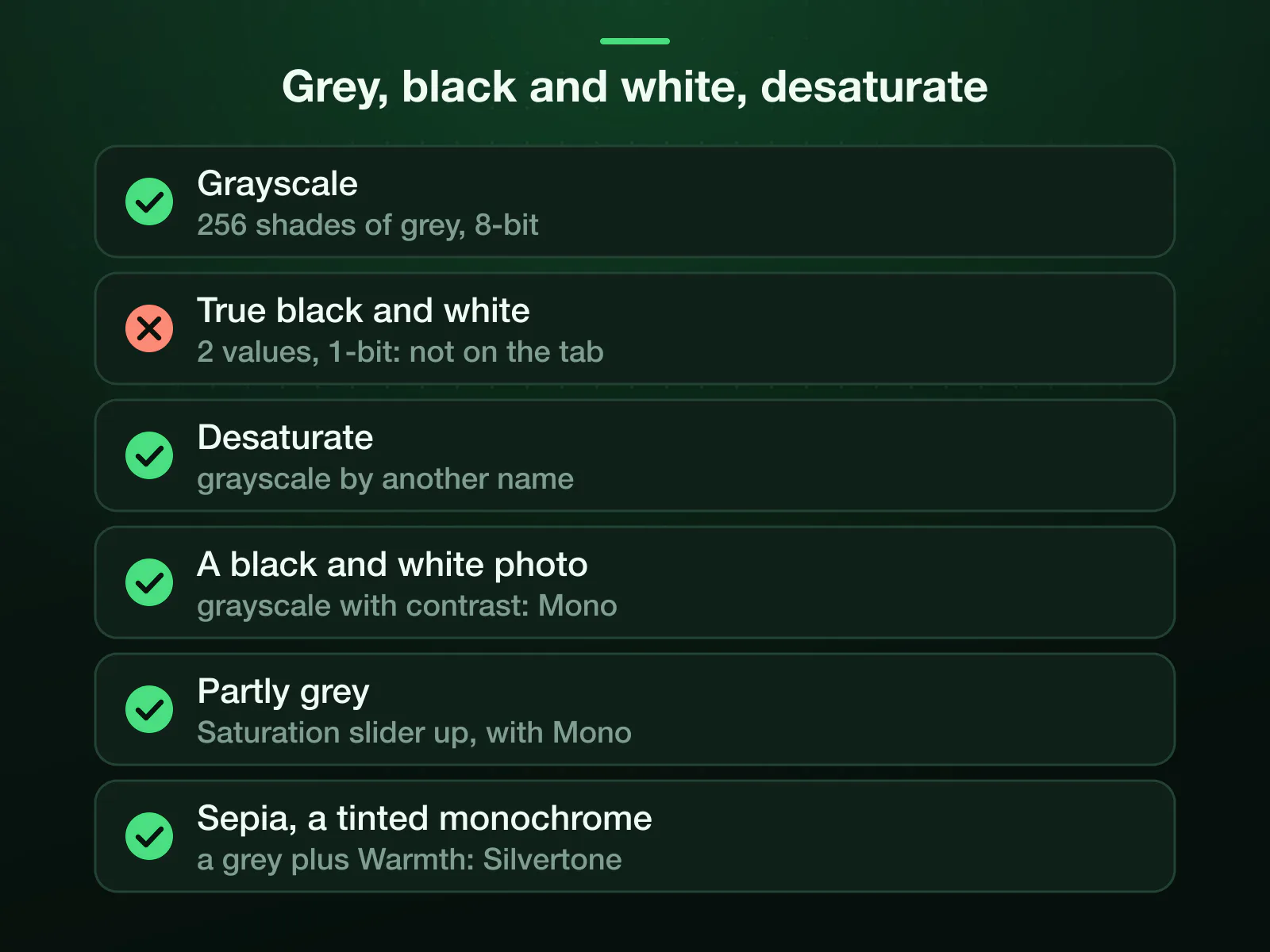 Grayscale keeps 256 shades of grey at 8 bits; true black and white keeps 2 values at 1 bit and is not on the tab. Desaturate is grayscale by another name, a black and white photo is grayscale with contrast, and sepia is a grey with Warmth added.