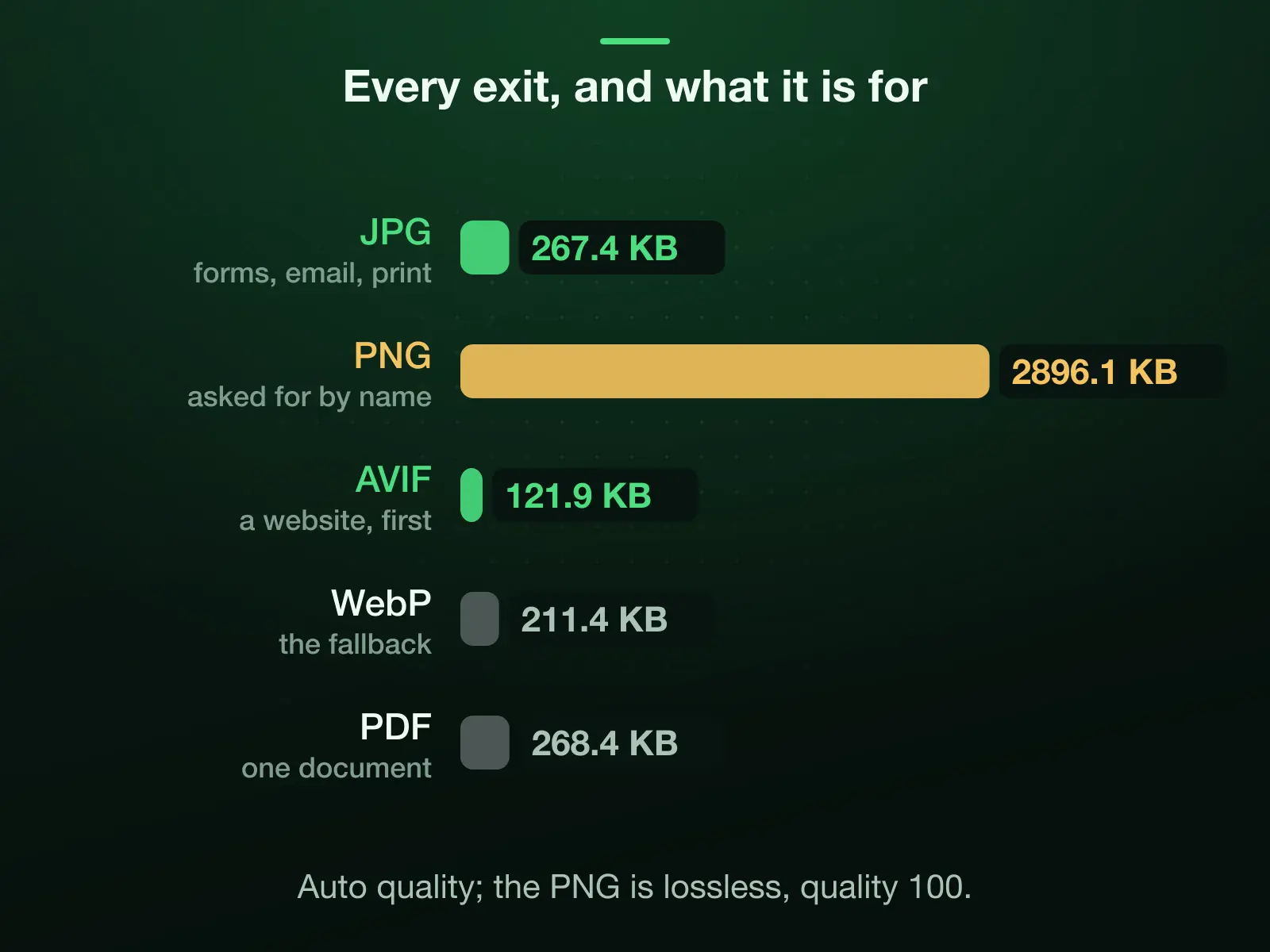 Our 343 KB HEIC as each exit, with its job: a 267.4 KB JPG for forms, email and print; a 2896.1 KB lossless PNG when PNG is asked for; a 121.9 KB AVIF for websites with a 211.4 KB WebP fallback; a 268.4 KB one-page PDF.