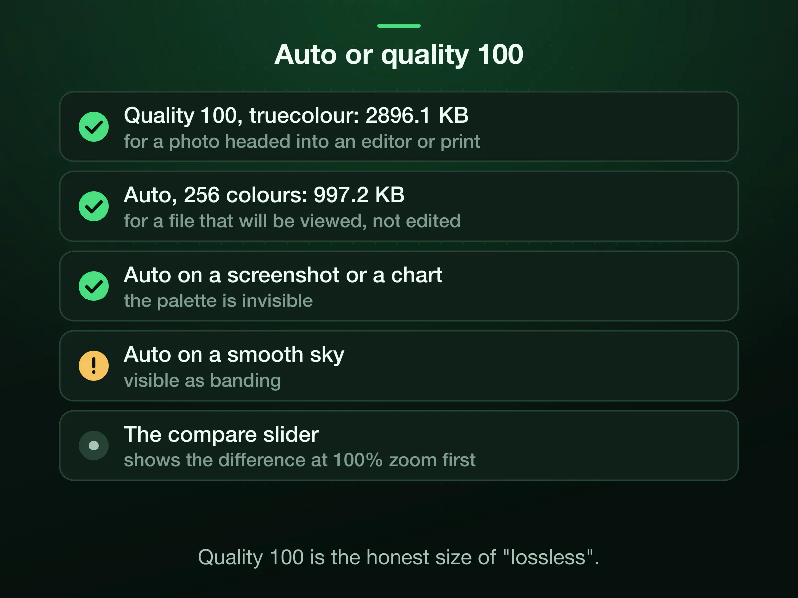 Auto or quality 100 for a PNG: quality 100 writes a 2896.1 KB truecolour PNG with every pixel, for a photo headed into an editor or print; Auto writes a 997.2 KB 256-colour palette PNG, invisible on a screenshot, visible as banding on a smooth sky.
