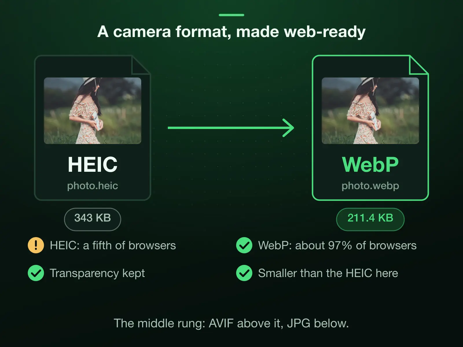 Our 343 KB reference HEIC converted to a 211.4 KB WebP at Auto. HEIC decodes in about a fifth of browsers; WebP renders in about 97% and keeps transparency, the middle rung between AVIF and JPG.