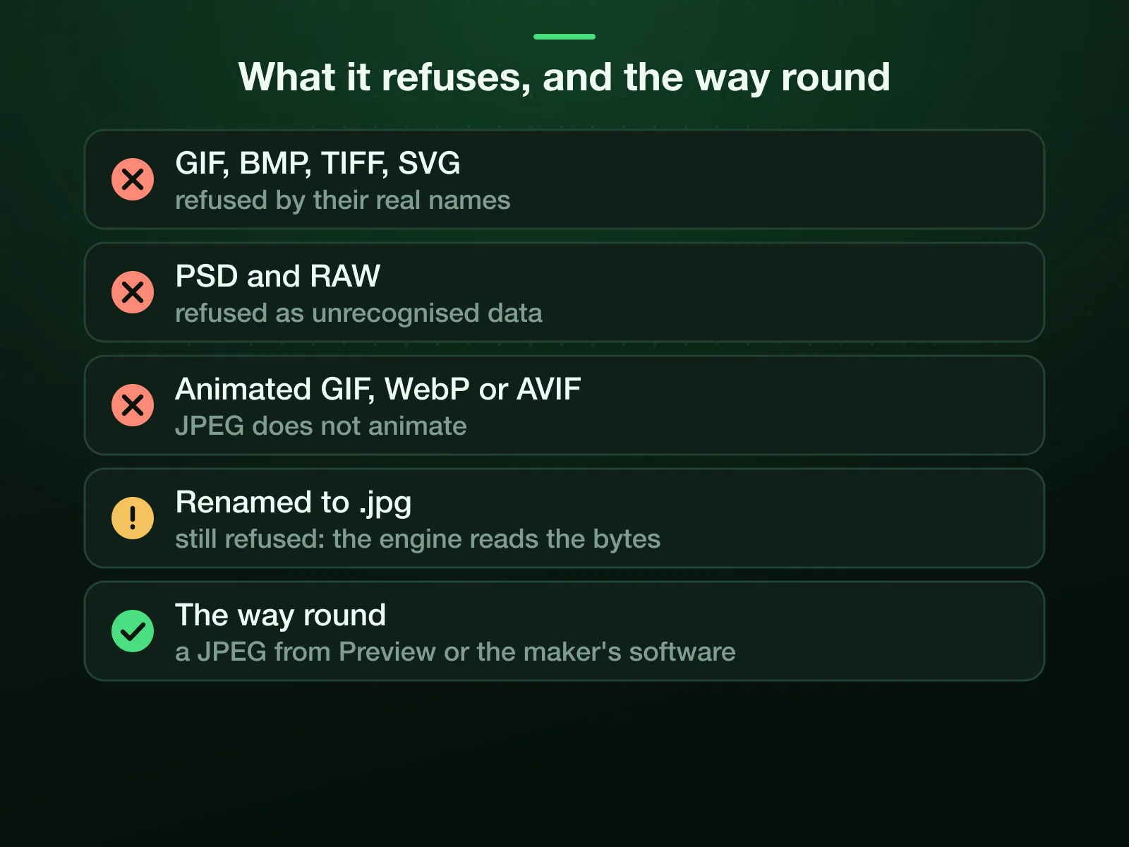 What the converter refuses and the way round: GIF, BMP, TIFF and SVG by their real names, PSD and RAW as unrecognised data, and animated files, since JPEG does not animate. A rename to .jpg does not help; export a JPEG from Preview first.