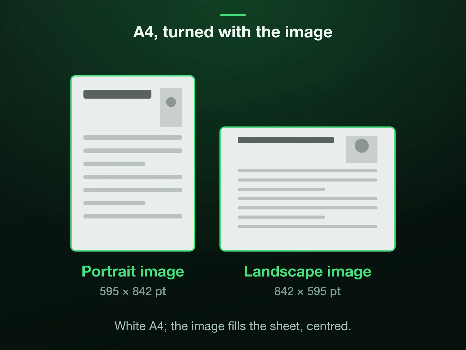 Two A4 sheets drawn to one scale: 595 × 842 points upright for a portrait image and 842 × 595 turned for a landscape one. The sheet follows the image, so a landscape photo never floats small on an upright page.