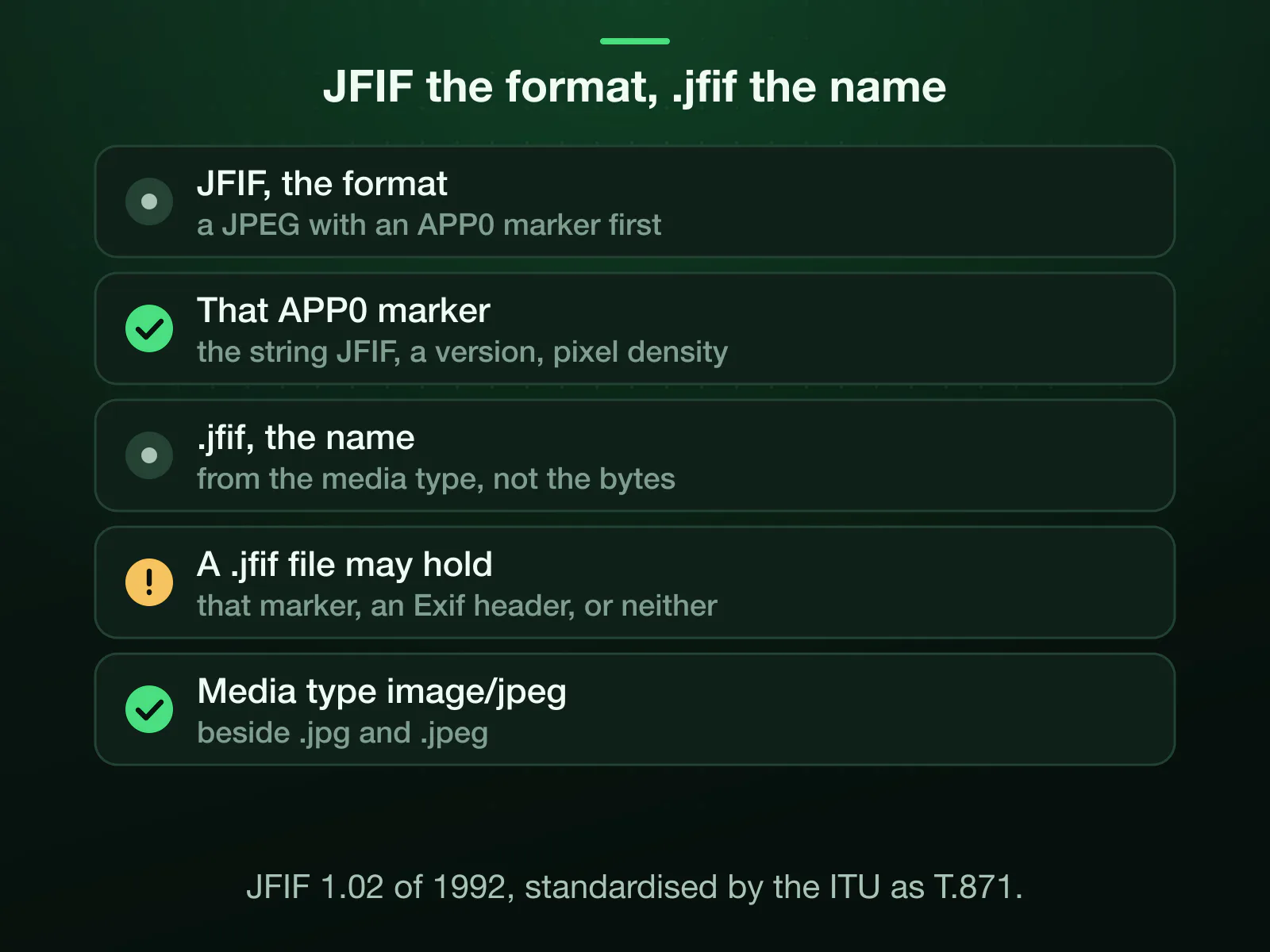 JFIF, the format: a JPEG whose start-of-image marker is followed by an APP0 marker with the string JFIF, a version and the pixel density. A .jfif name comes from the media type image/jpeg, not the bytes, so the file may hold that marker, an Exif header or neither.