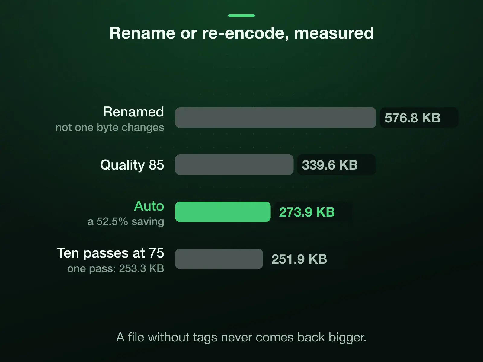 Rename or re-encode, measured on our 576.8 KB reference photo: a rename keeps all 576.8 KB, quality 85 gives 339.6 KB, Auto 273.9 KB (a 52.5% saving), and ten passes at 75 give 251.9 KB against 253.3 KB for one.