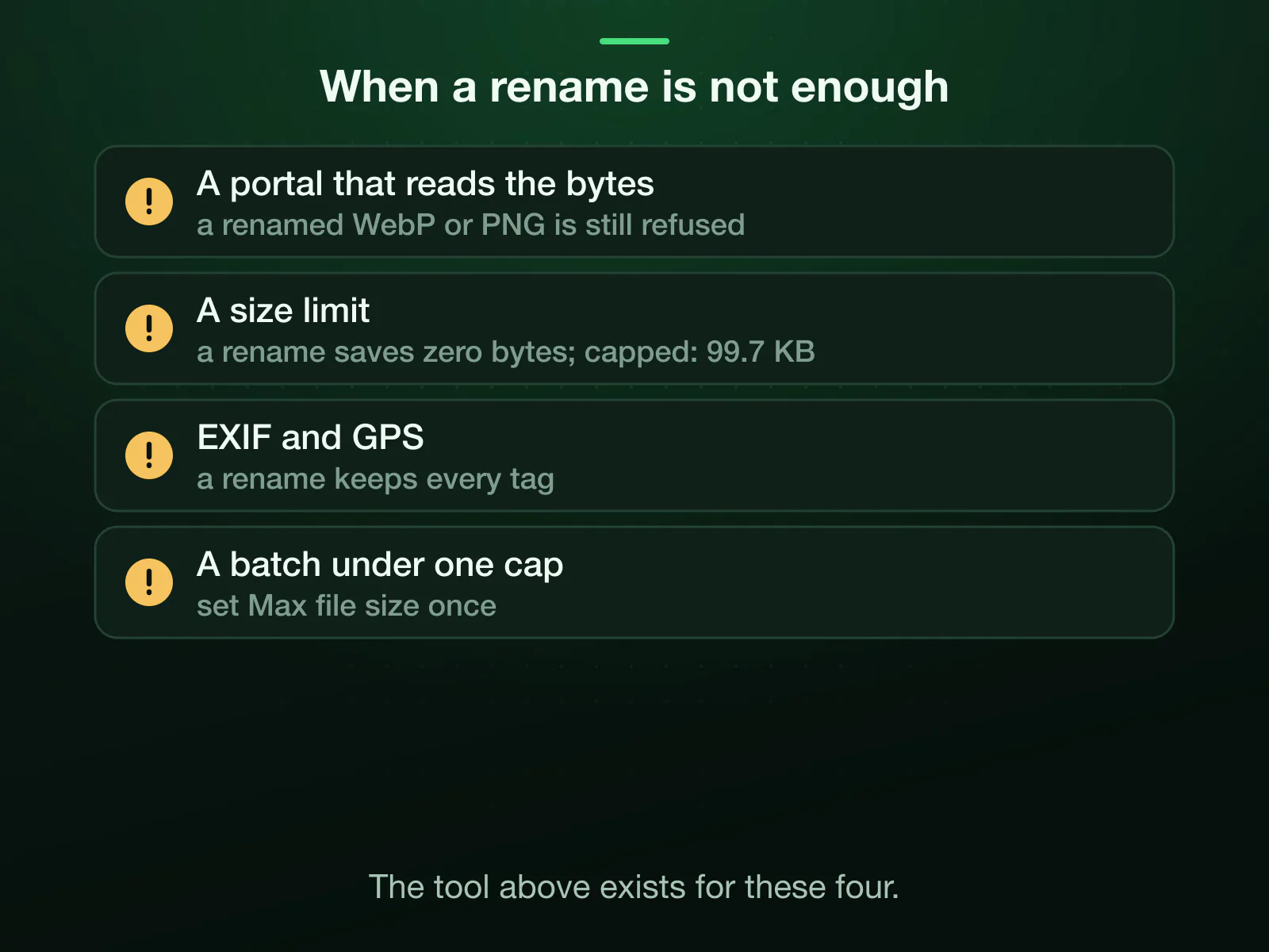 Four cases where a rename is not enough: a portal that reads the bytes refuses a renamed WebP or PNG; a size limit, where a rename saves nothing and a 100 KB cap brought ours to 99.7 KB; EXIF and GPS, which a rename keeps; and a batch under one cap.