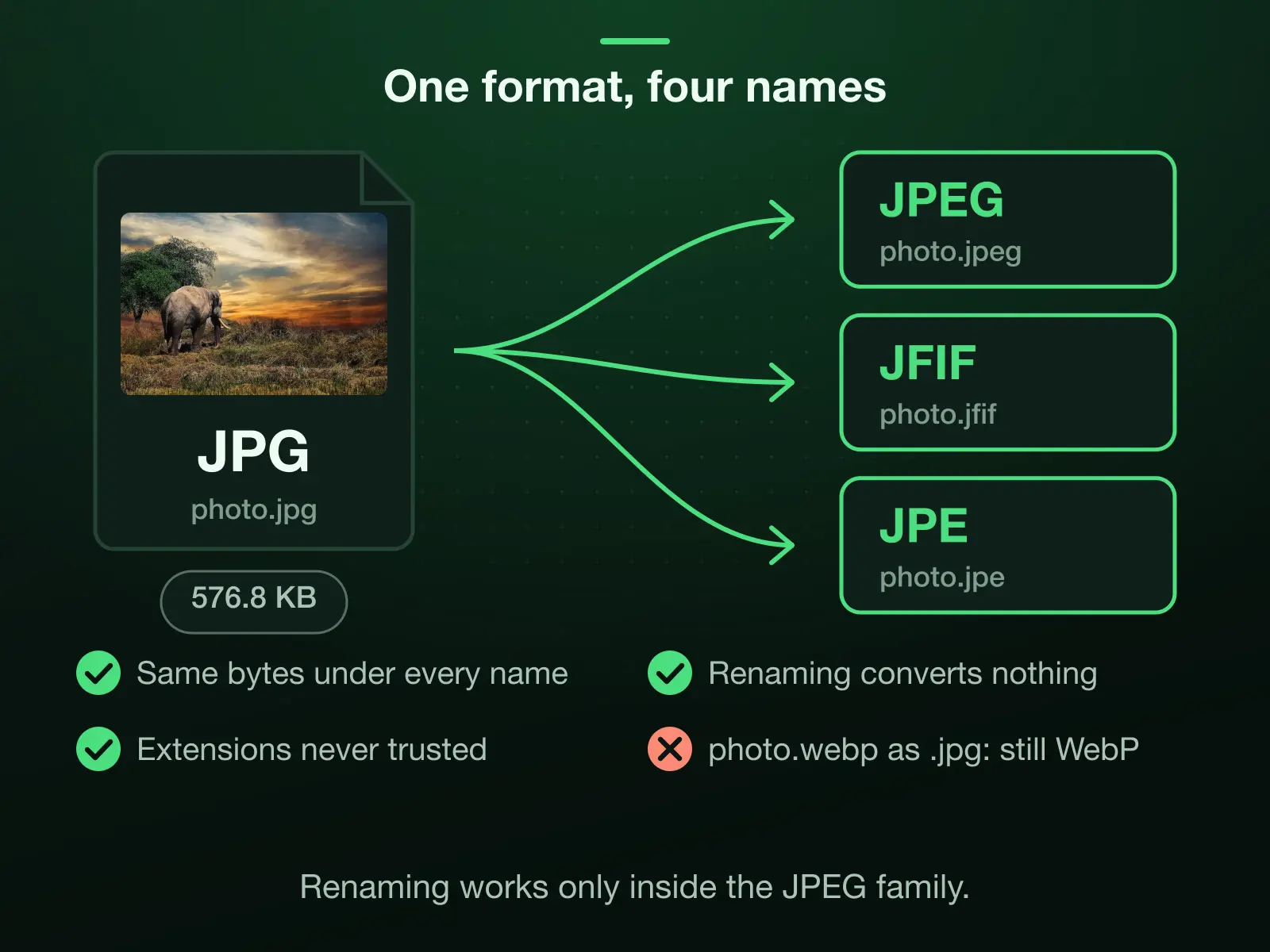 One 576.8 KB photo.jpg under three more names, photo.jpeg, photo.jfif and photo.jpe, the same bytes each time: renaming inside the JPEG family converts nothing, while photo.webp renamed to .jpg stays a WebP under the wrong name.