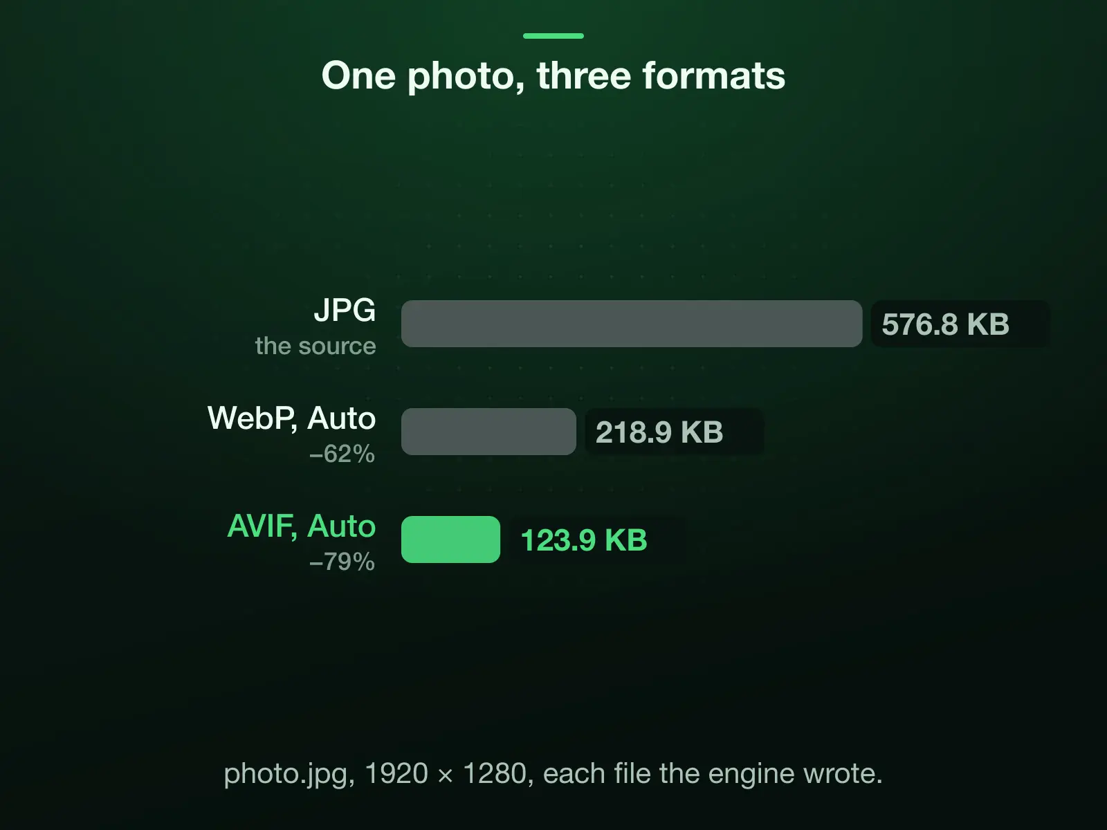 The same 1920 × 1280 photo in three formats: 576.8 KB as the JPG, 218.9 KB as WebP and 123.9 KB as AVIF, 79% smaller than the JPG.