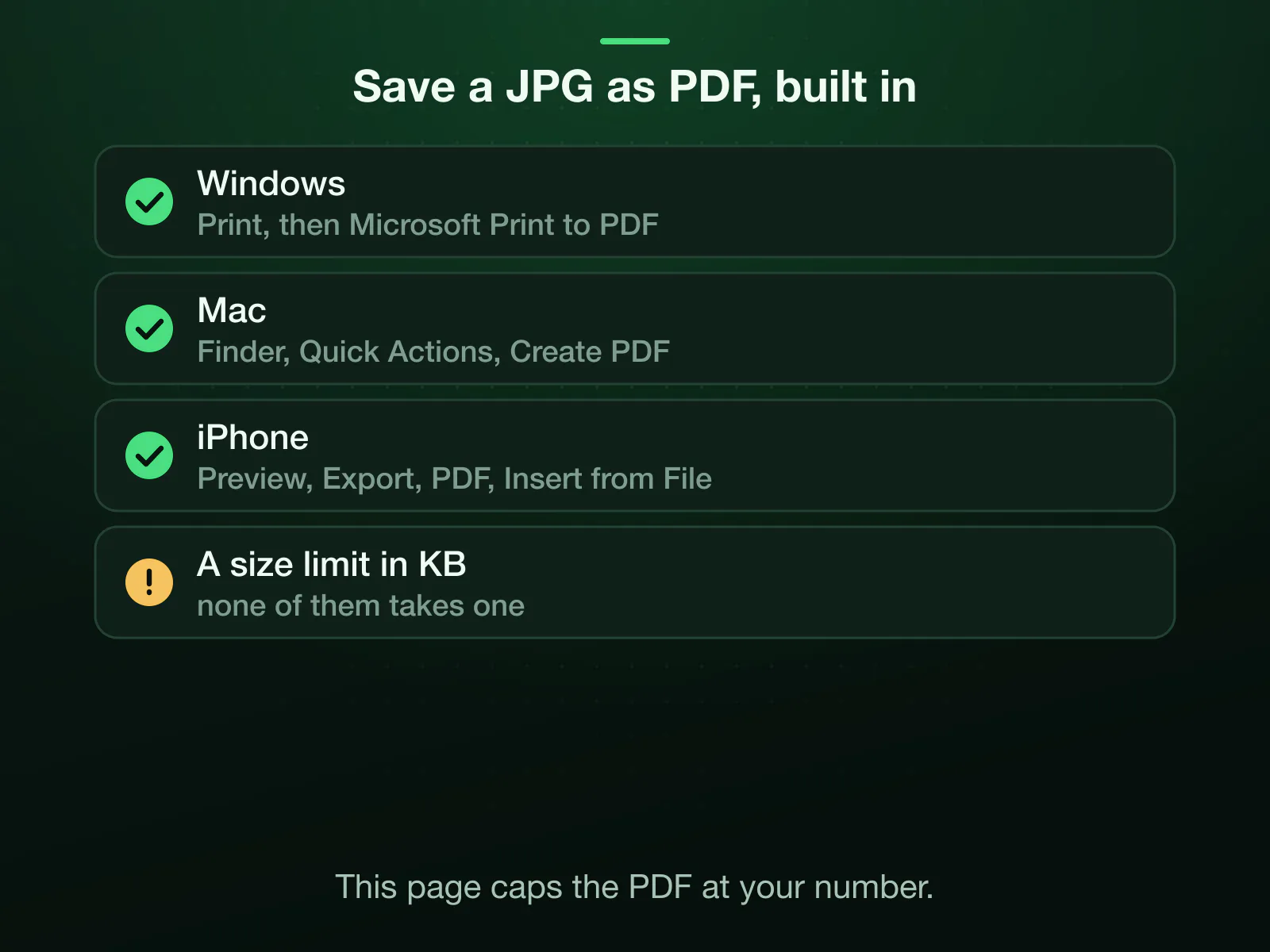 Built-in routes: on Windows, print the JPG to Microsoft Print to PDF; on a Mac, select the JPGs in Finder and choose Quick Actions, Create PDF, in the order you selected them; on an iPhone, export a PDF from the Preview app, then Insert from File adds pictures. None takes a size in KB.