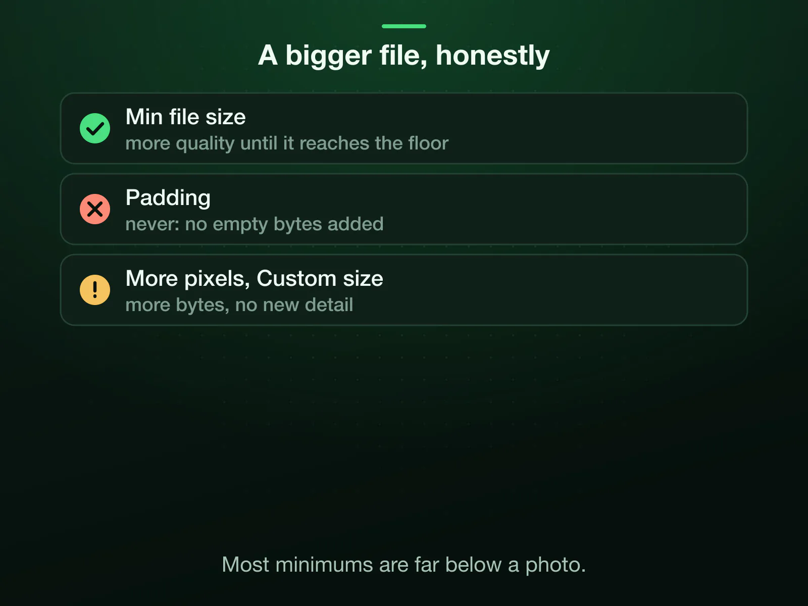 Making an image larger in KB: Min file size raises quality to reach the number, never padding; our 200 px square reached a 10 KB floor at 10.4 KB, the 150 px one at 10 KB. A picture too small for the floor is refused, and the Custom size adds pixels.