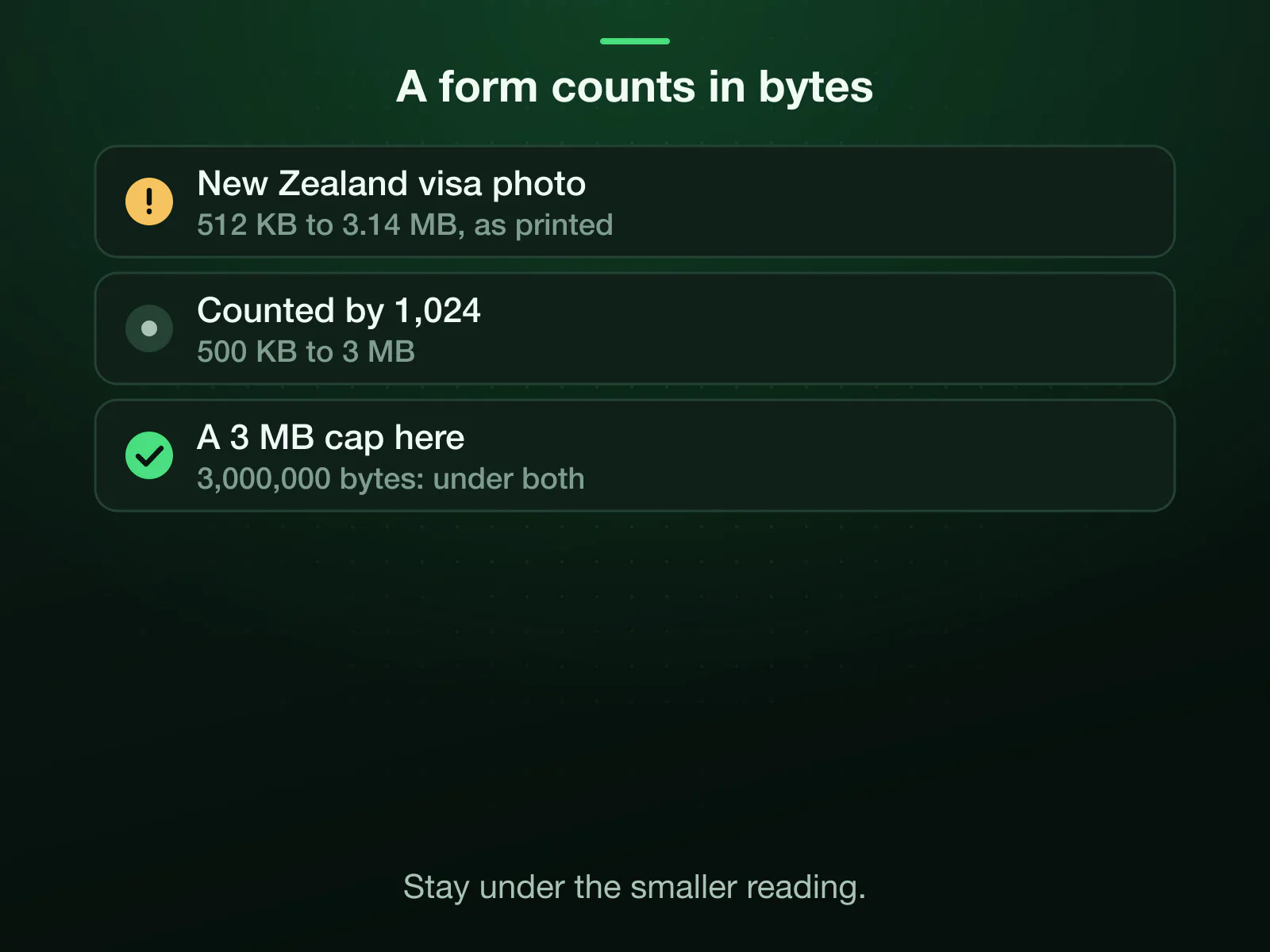 A form's limit in both counts: Immigration New Zealand prints its visa photo window as 512 KB to 3.14 MB, which matches 500 KB and 3 MB counted by 1,024; a 3 MB cap here is 3,000,000 bytes, under the ceiling by either count.