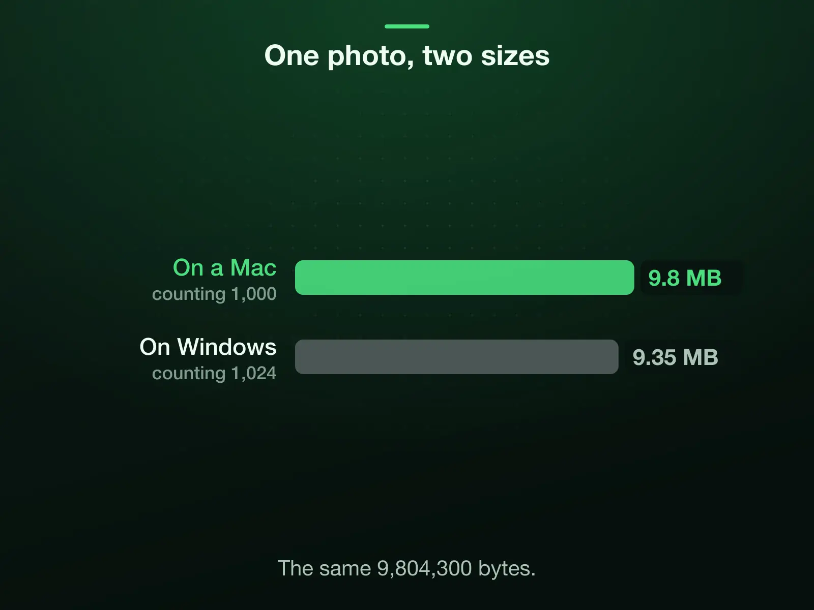 One file, two sizes: our camera photo is 9,804,300 bytes, which a Mac shows as 9.8 MB counting 1,000 and Windows as about 9.35 MB counting 1,024.