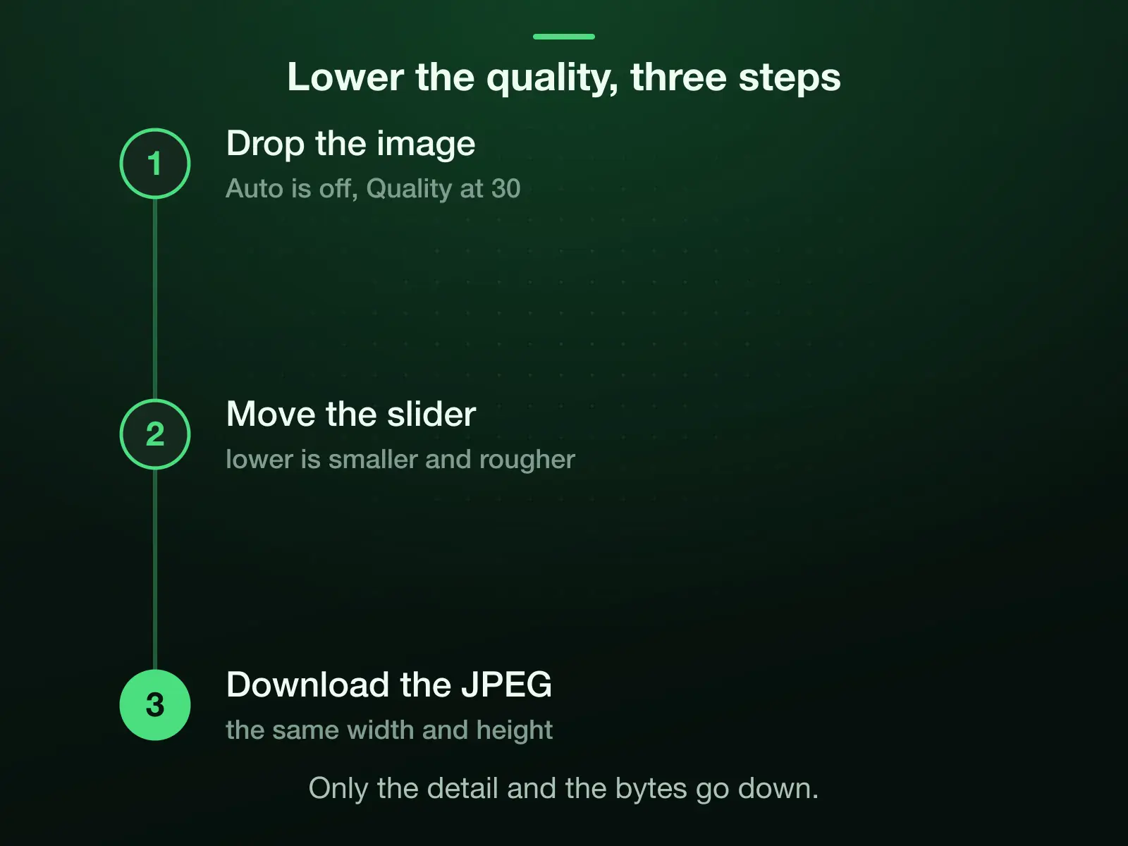Lowering image quality in three steps: drop the image, which arrives with Auto off and the Quality slider at 30; move the slider lower for a smaller, rougher file or higher for a cleaner one; download the JPEG, its width and height unchanged.