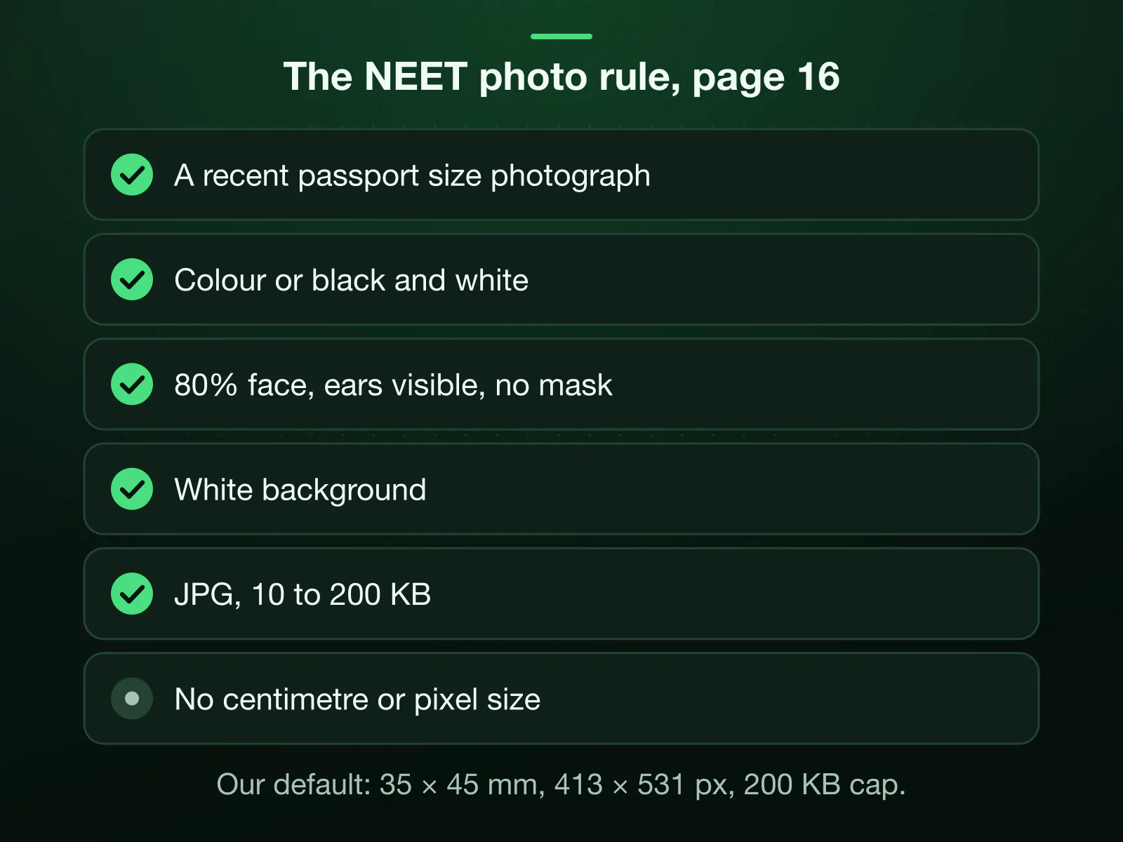 The NEET photo rule from the 2026 bulletin as a checklist: a recent passport size photograph, colour or black and white, 80% face with the ears visible and no mask, a white background, a JPG of 10 to 200 KB. No centimetre or pixel size is stated.