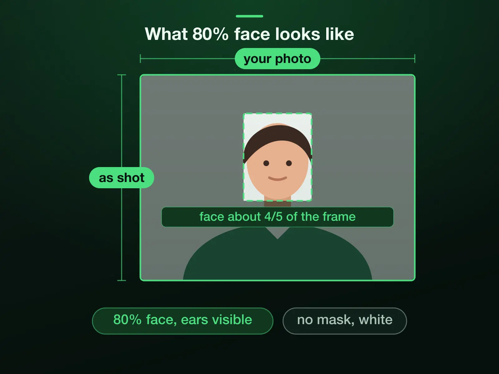 A photo with the 35 × 45 mm frame pulled in until the face takes about four fifths of it, the chin near the bottom edge and the hair near the top: the bulletin's 80% face, ears visible, no mask, on white.