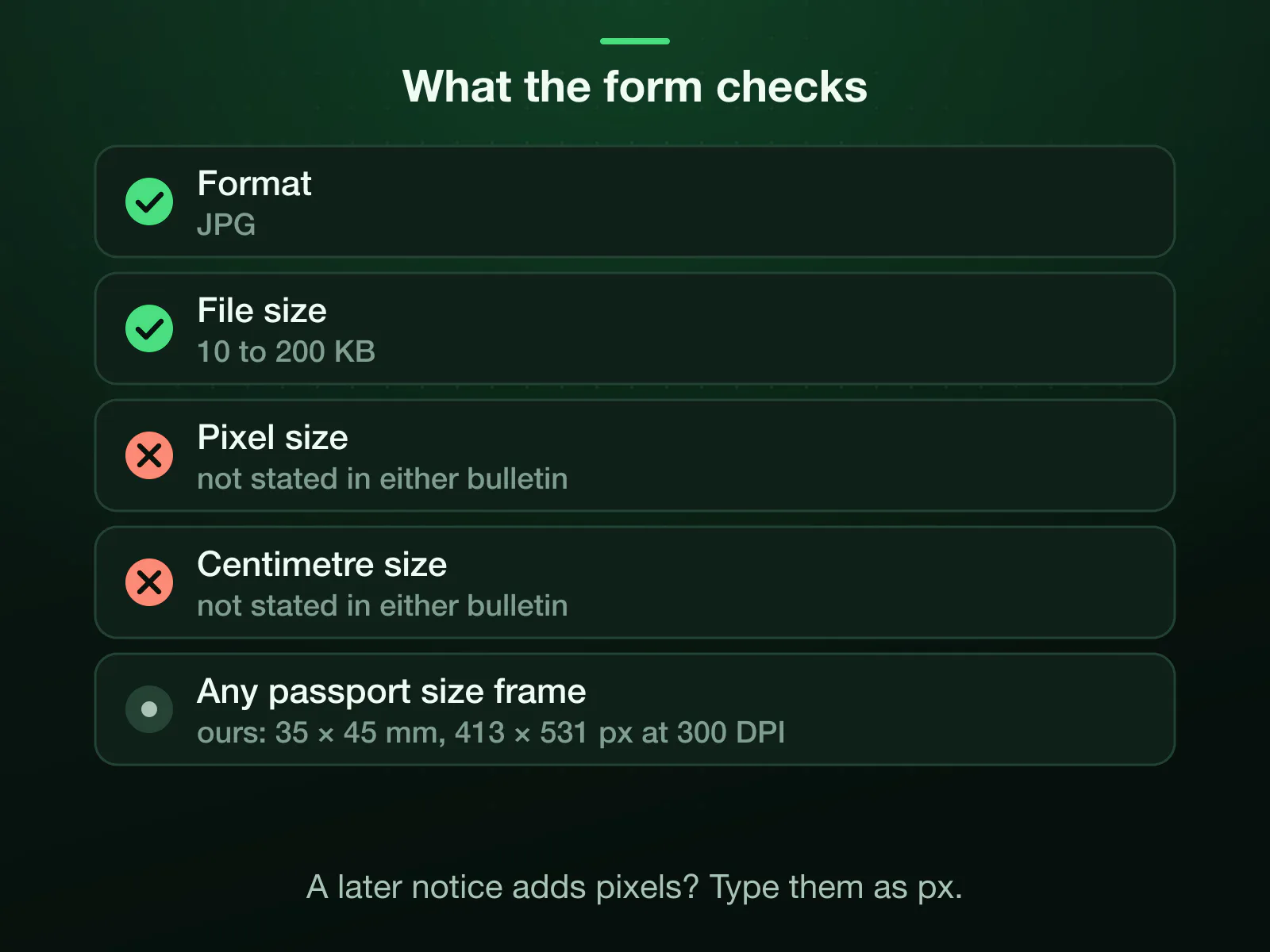 What the NEET and JEE Main 2026 bulletins check: the format, JPG, and the file size, 10 to 200 KB. Neither states a pixel or centimetre size; this page's default frame is 35 × 45 mm, 413 × 531 pixels at 300 DPI.