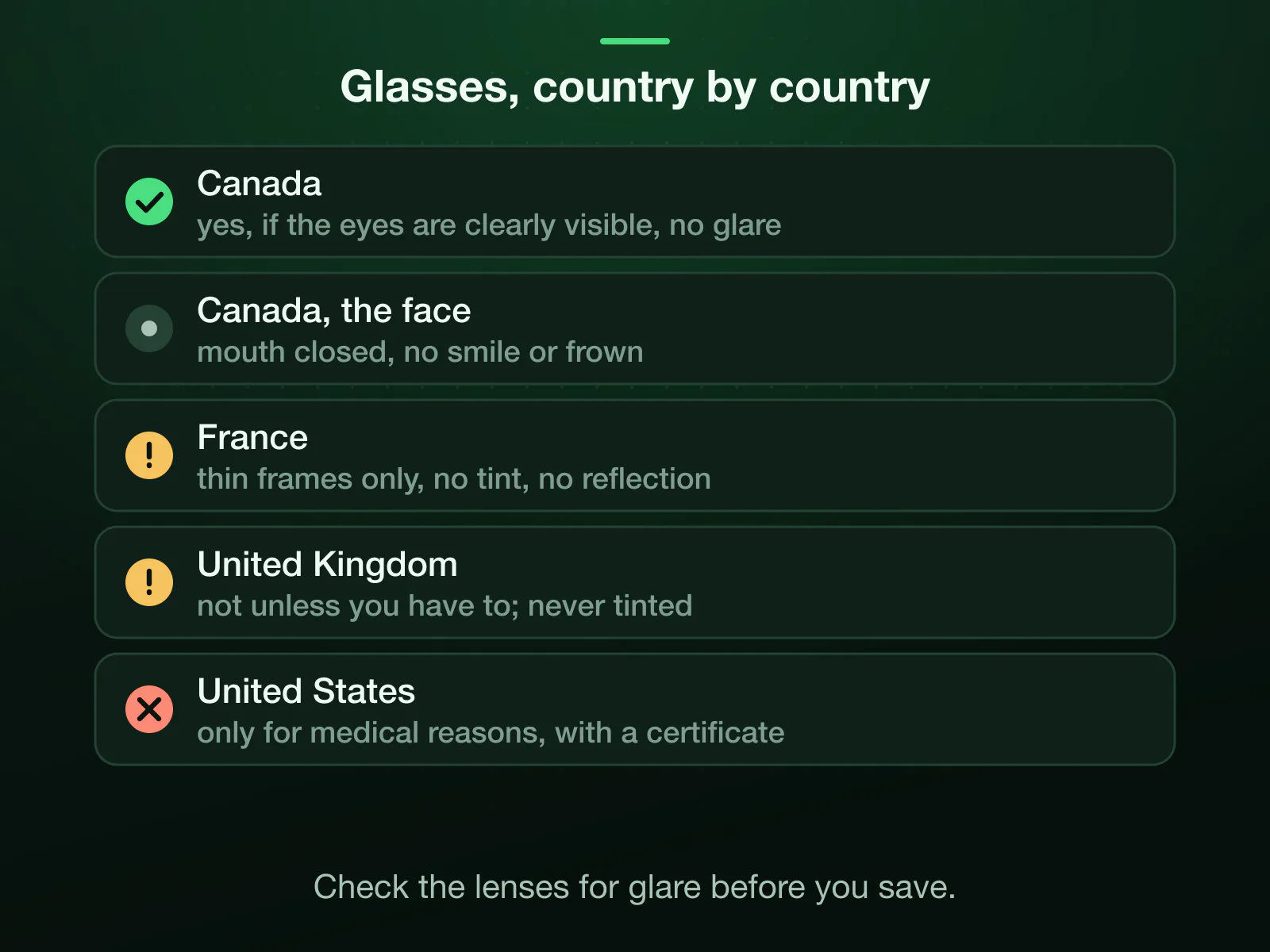 Glasses country by country: Canada allows them if the eyes are clearly visible and there is no glare, with the mouth closed; France allows thin frames with no tint or reflection; the UK says not unless you have to; the US accepts them only for medical reasons.