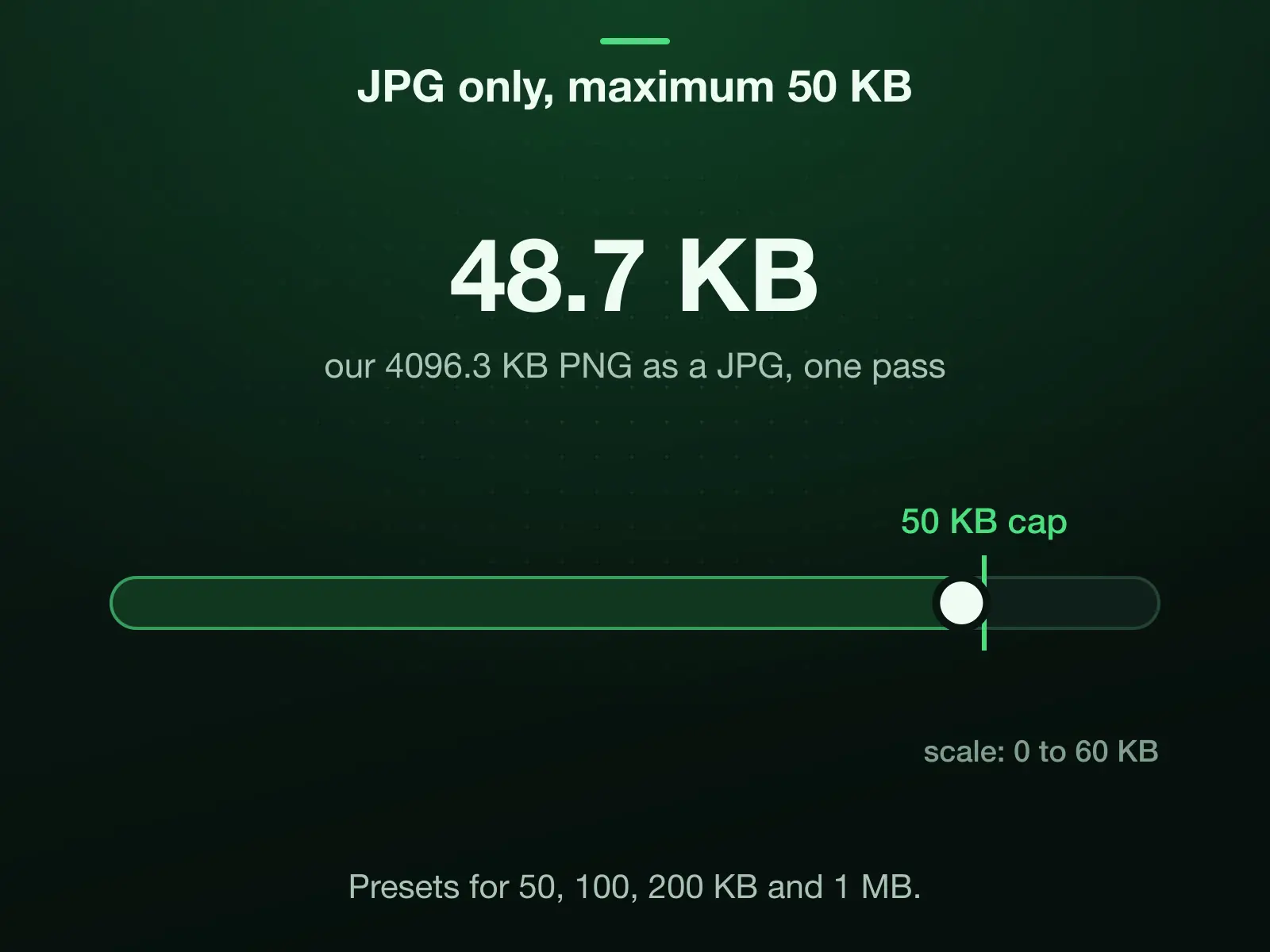 A 0 to 60 KB scale with a 50 KB portal cap: our 4096.3 KB reference photo PNG converted to JPG with Max file size set to 50 KB landed at 48.7 KB, at or under the cap in one pass. Presets cover 50, 100 and 200 KB and 1 MB.