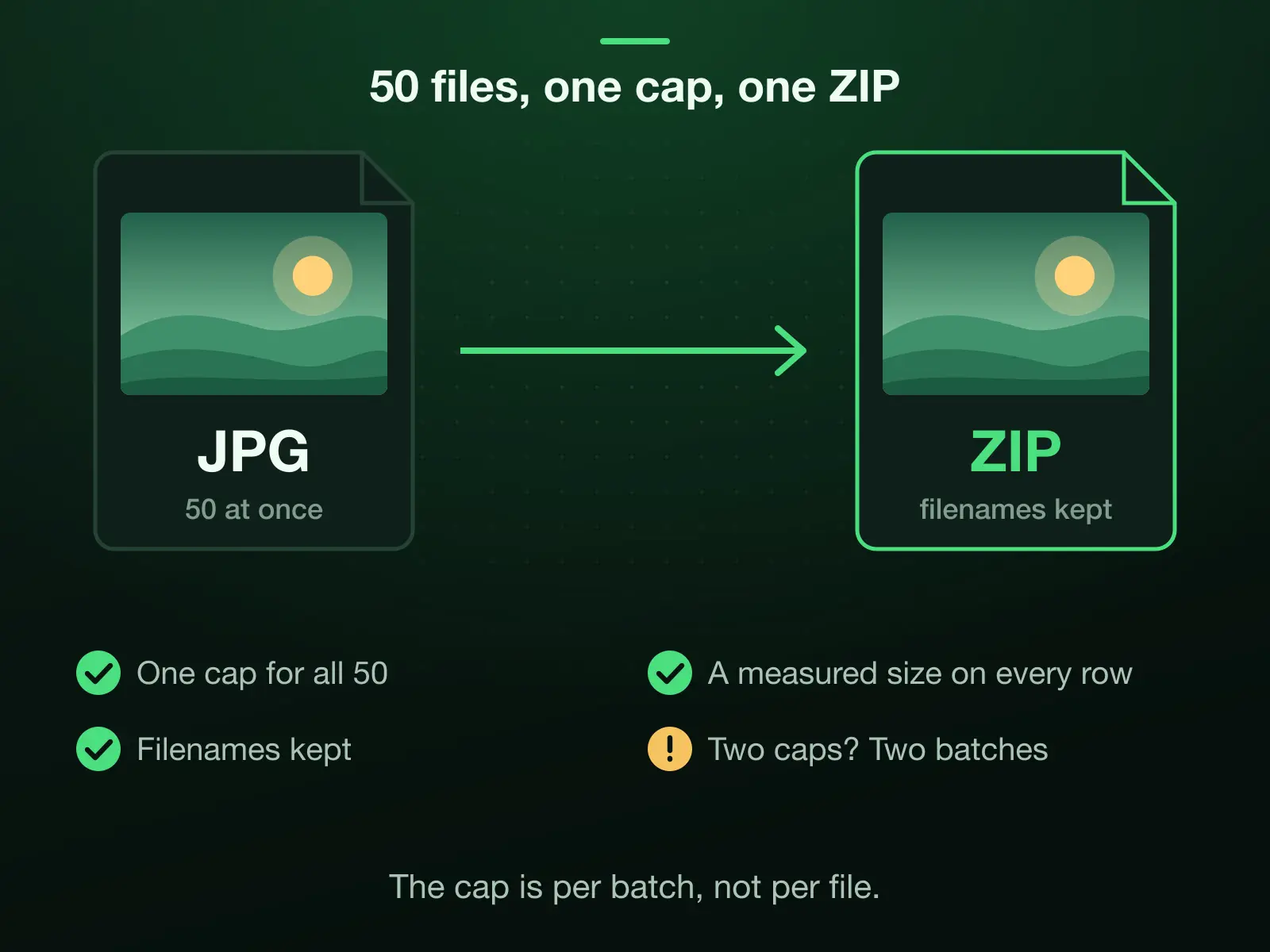 Up to 50 photos under one KB cap come back as one ZIP with the filenames kept and a measured size on every row; a form with two caps, a 200 KB photo and a 30 KB signature, takes two batches.