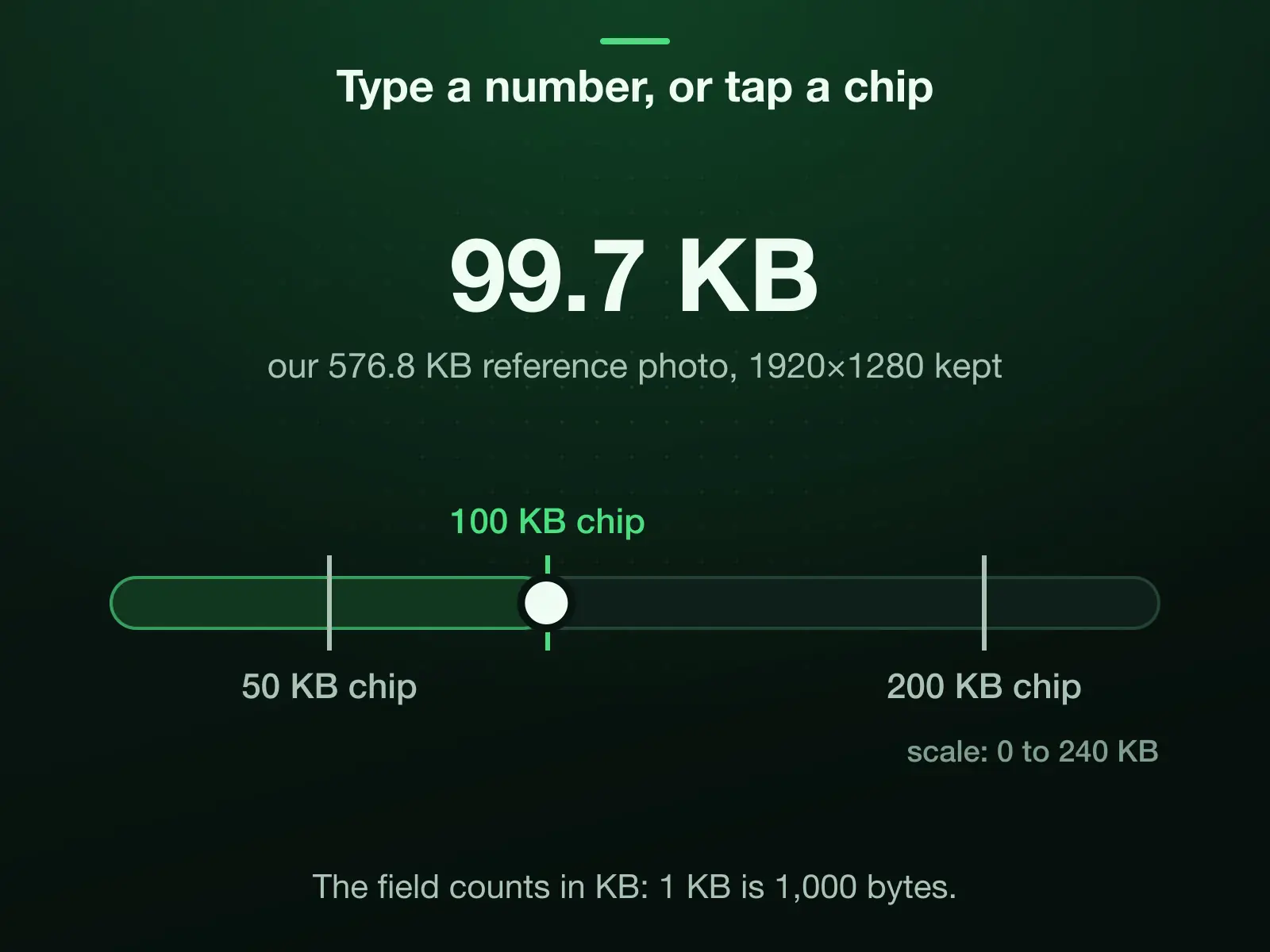 A 0 to 240 KB scale with the 100 KB chip armed and the 50 KB and 200 KB chips marked: our 576.8 KB reference photo came back at 99.7 KB, at or under the cap with all 1920×1280 pixels. The field counts 1 KB as 1,000 bytes.