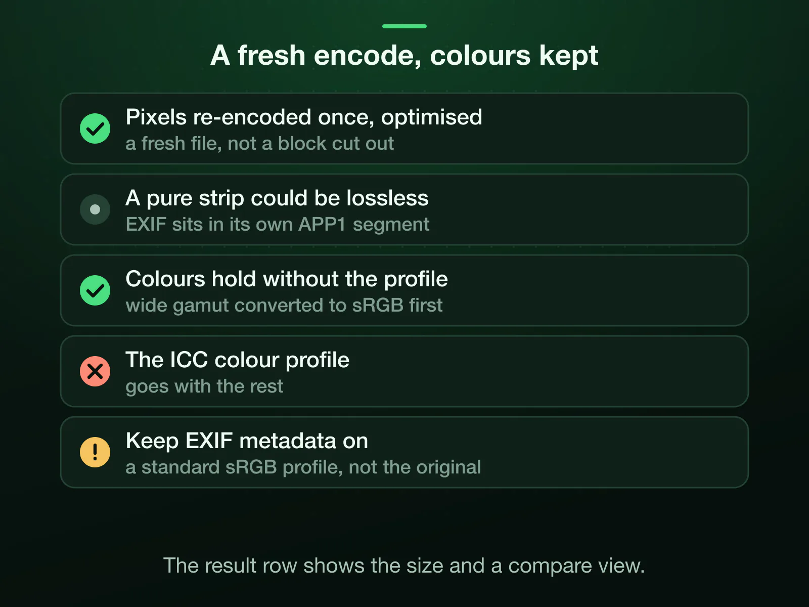 What a stripped download is: the pixels re-encoded once, a fresh file rather than the original with a block cut out. The ICC profile goes and the colours hold, converted to sRGB first; with Keep EXIF metadata on, the file carries a standard sRGB profile.