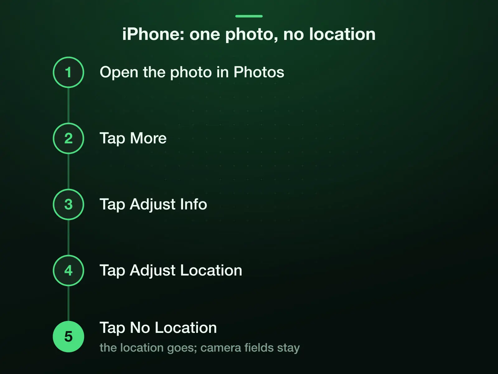 Removing one photo's location on iPhone, from Apple's personal safety guide: open it in Photos, tap More, tap Adjust Info, tap Adjust Location, then tap No Location. The location goes; the camera fields stay.