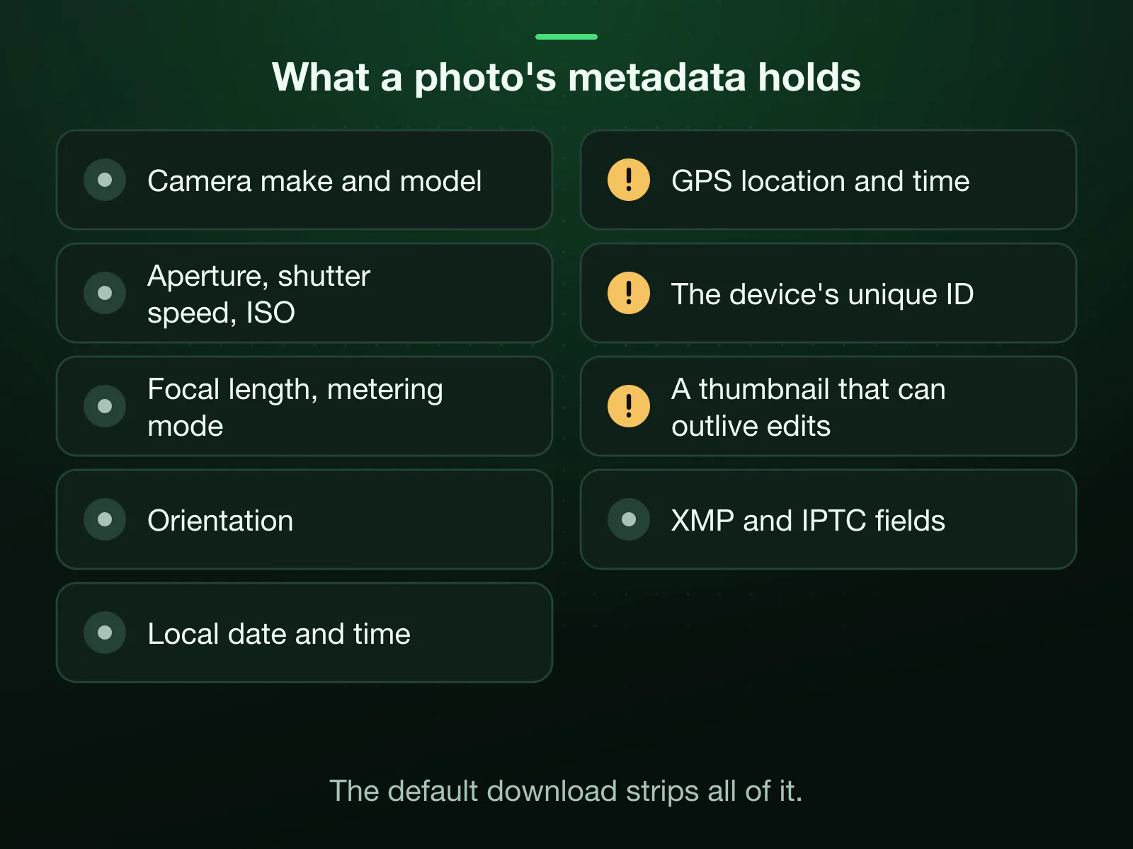 What a photo's metadata can hold, from Wikipedia's Exif article: camera make and model, exposure settings, orientation, the local date and time and, from a GPS-enabled camera, the location and the device's unique ID, plus a thumbnail and XMP and IPTC fields.