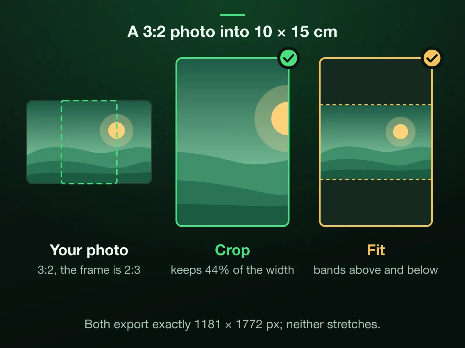A 3:2 photo and two ways to make it 10 × 15 cm, 1181 × 1772 pixels: Crop keeps a tall 2:3 frame, 44% of the width; Fit keeps the whole picture with bands of fill above and below. Neither stretches.