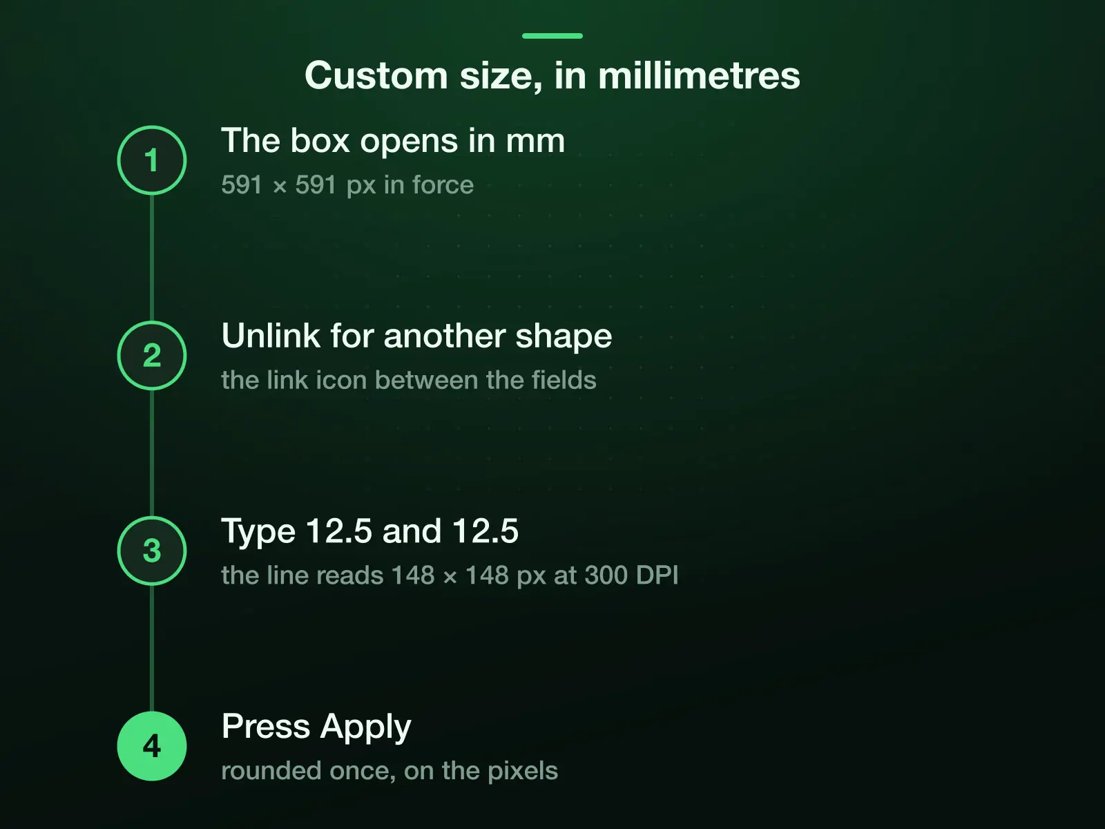 Four steps in the Custom size box: it opens in millimetres with 591 × 591 px in force; unlink the sides for another shape; type 12.5 and 12.5, decimals allowed, and the line reads 148 × 148 px at 300 DPI; press Apply, where the rounding happens once.