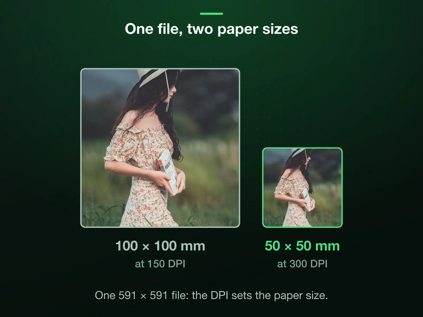 One 591 × 591 pixel file on paper at two densities, to one scale: about 100 × 100 mm at 150 DPI and 50 × 50 mm at 300 DPI. At 300 DPI a millimetre is 11.81 pixels; at 150 it is half that.