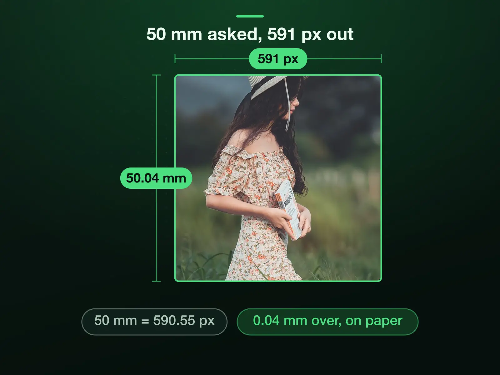 A 50 × 50 mm square exported at 591 × 591 pixels: 50 mm at 300 DPI is 590.55 pixels, rounded to 591, which reads back as 50.04 mm, 0.04 mm over on paper.