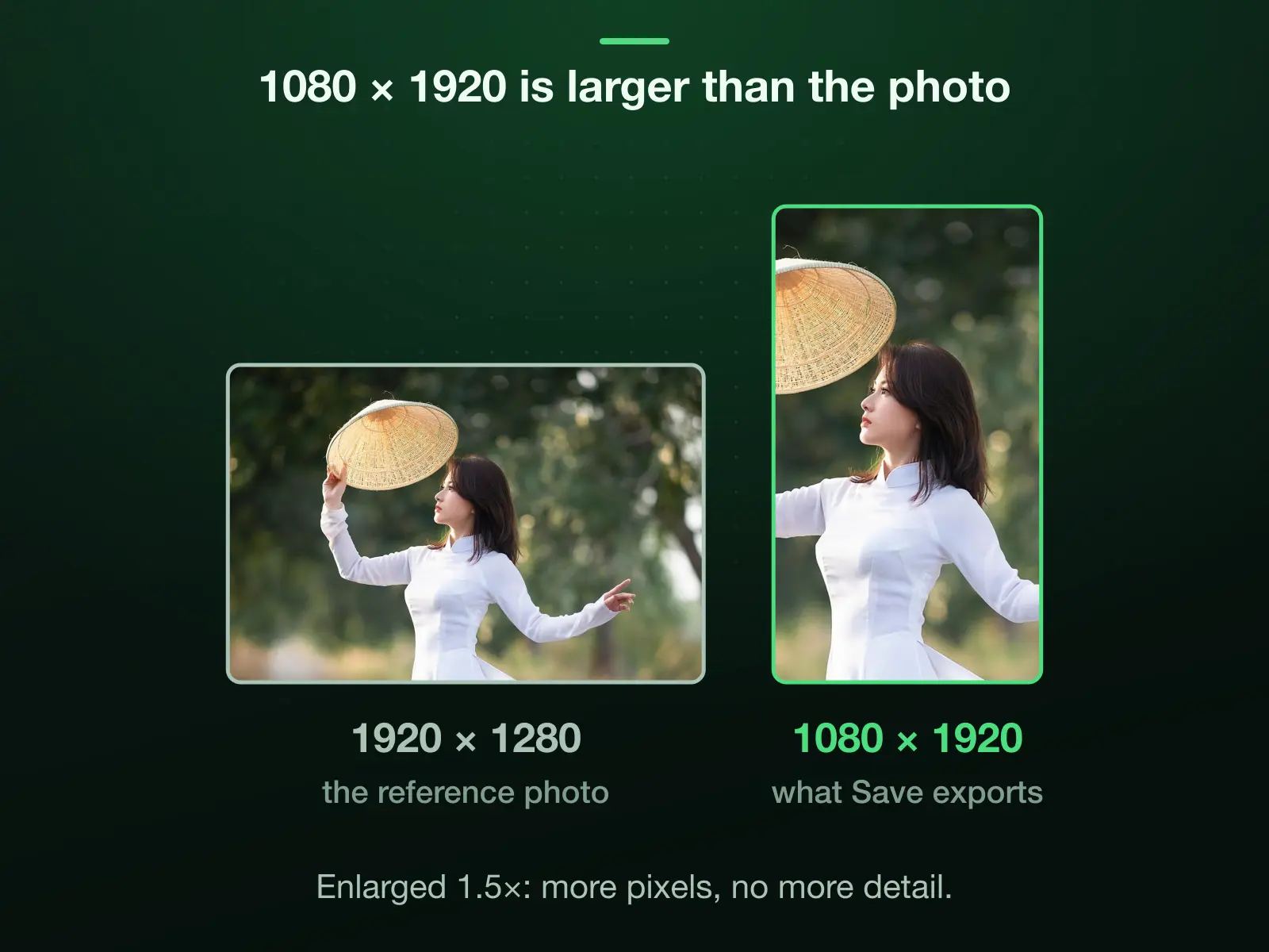 Our 1920 × 1280 reference photo and 1080 × 1920 to one scale: cropped to 9:16 it is 720 × 1280, which the export enlarges 1.5 times to reach 1080 × 1920.