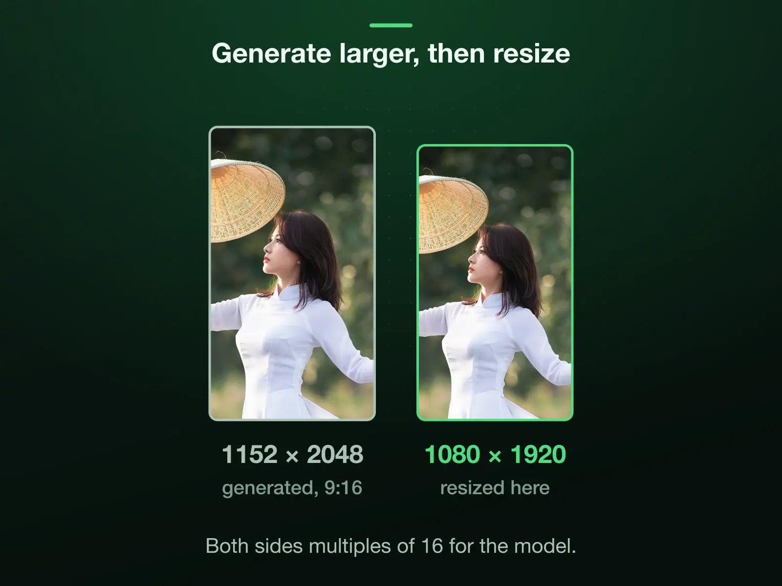 An AI image at 1152 × 2048, a 9:16 size OpenAI's image models accept (both sides multiples of 16), and the same picture resized here to exactly 1080 × 1920, which the models cannot be asked for because 1080 is not a multiple of 16.