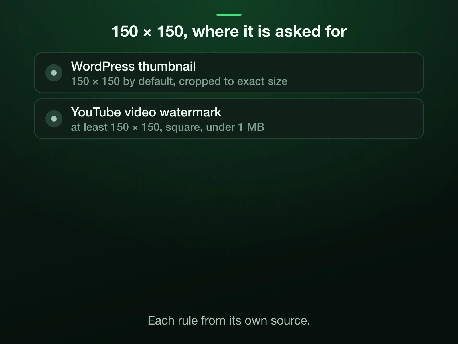 Where 150 × 150 is asked for: WordPress thumbnail, YouTube video watermark. Each rule and its source are on the page.