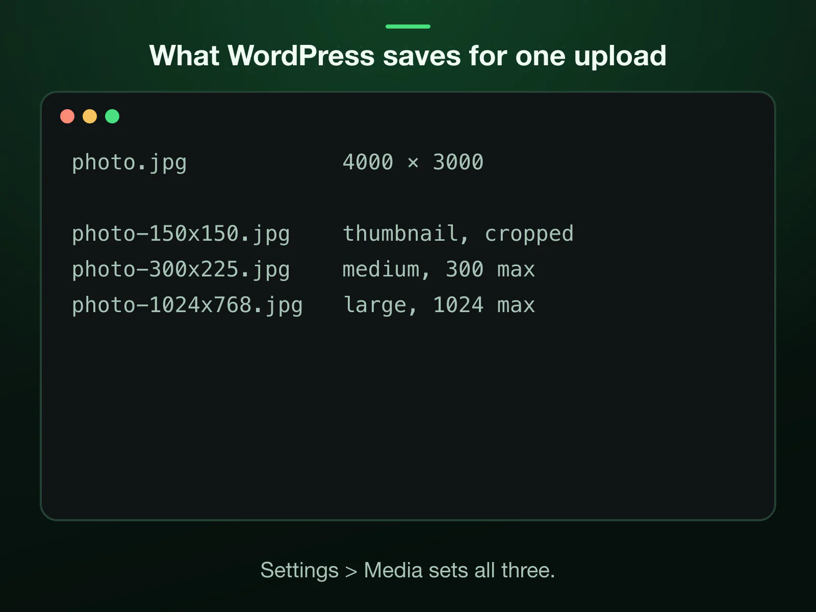 What WordPress saves for one 4000 × 3000 upload with its default sizes: photo-150x150.jpg, the thumbnail, cropped to exact size; photo-300x225.jpg, the medium copy, 300 at most; photo-1024x768.jpg, the large copy, 1024 at most. Settings > Media sets all three.