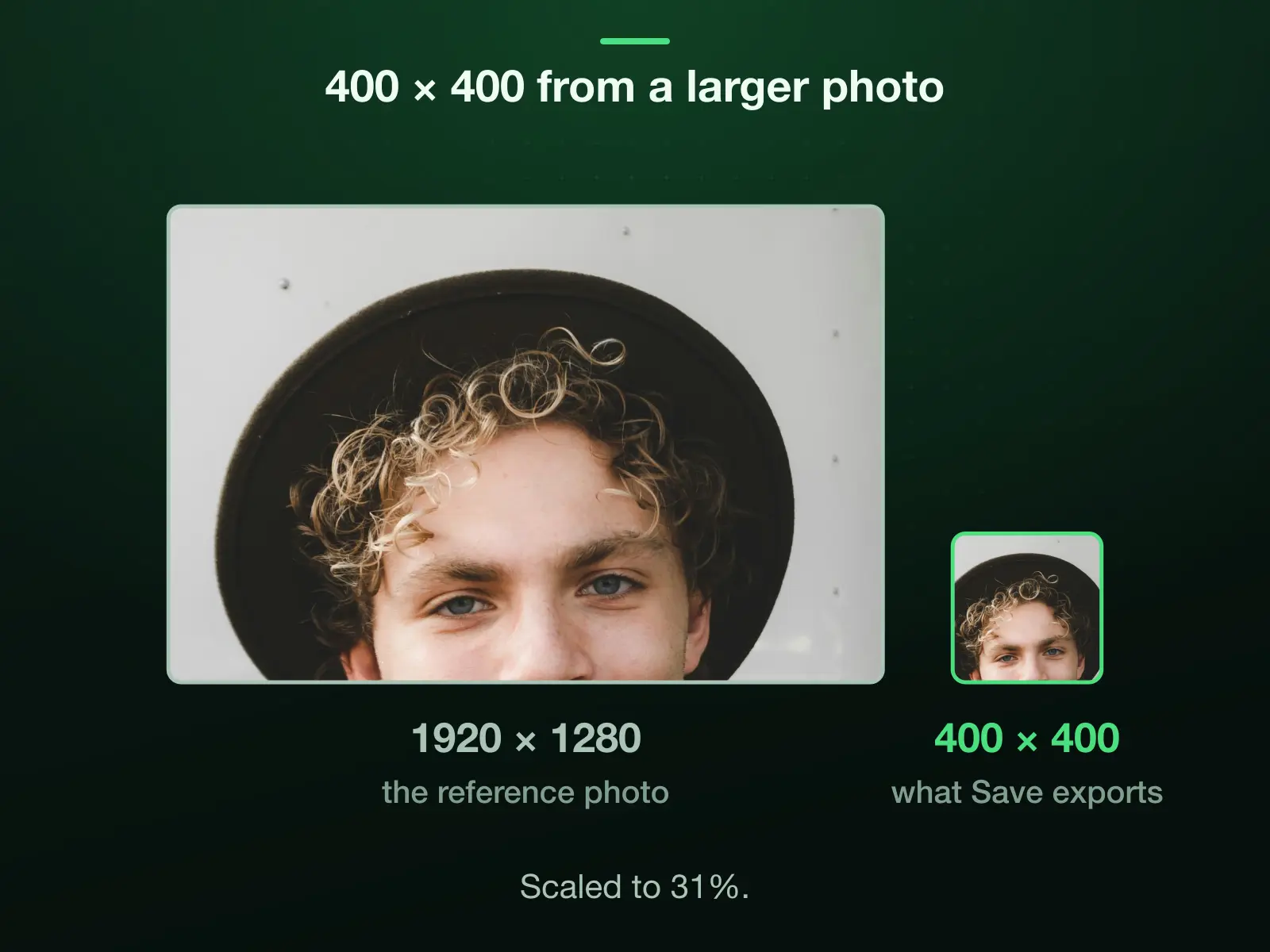 Our 1920 × 1280 reference photo and 400 × 400 to one scale: cropped to 1:1 it is 1280 × 1280, which the export scales down to 31% to reach 400 × 400.