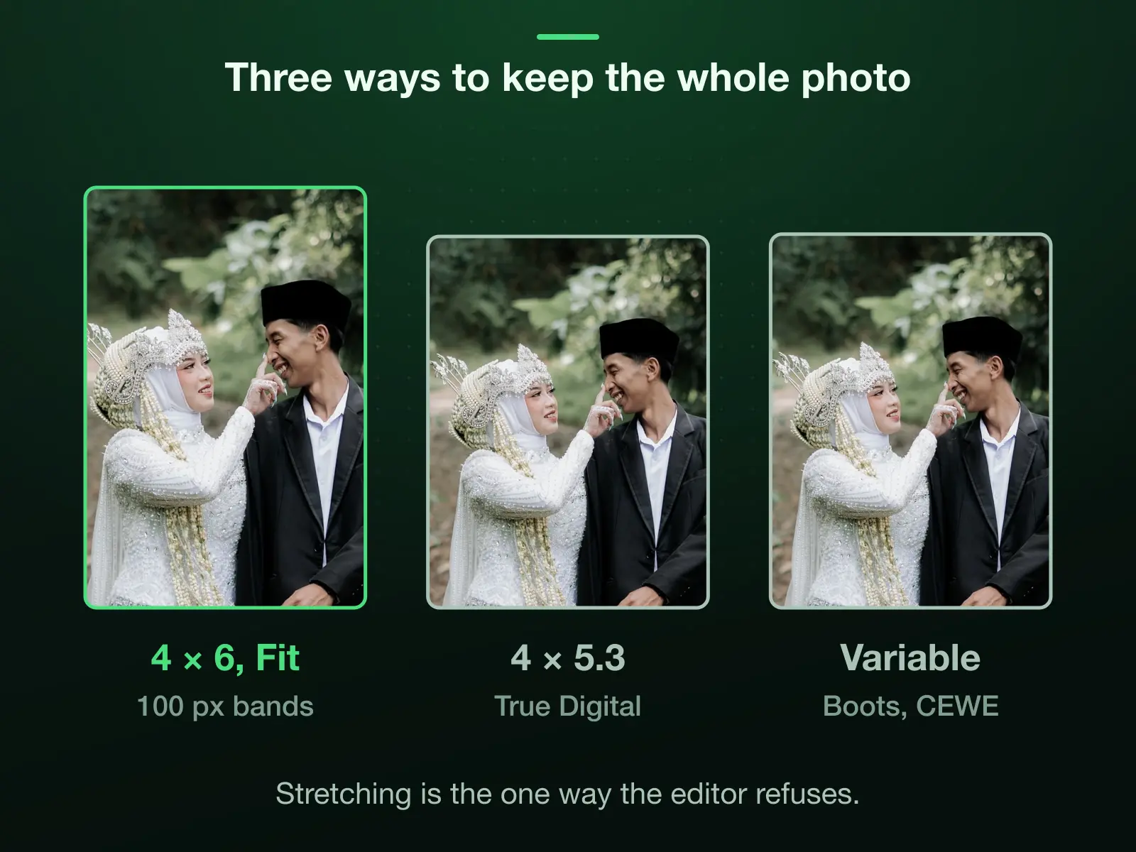 Three ways to print a phone photo whole: Fit it inside 1200 × 1800 with a 100 pixel band top and bottom, a third of an inch each; order the 4 × 5.3 inch True Digital print, 1200 × 1590 pixels; or order a variable-width print where a lab offers one.