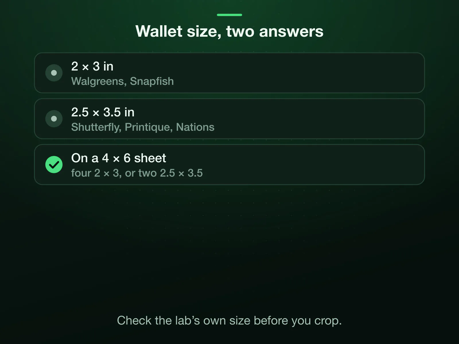 Two sizes share the name wallet: 2 × 3 inches at Walgreens and Snapfish, four to a 4 × 6 sheet, and 2.5 × 3.5 inches at Shutterfly, Printique and Nations Photo Lab, of which two fit on a 4 × 6.