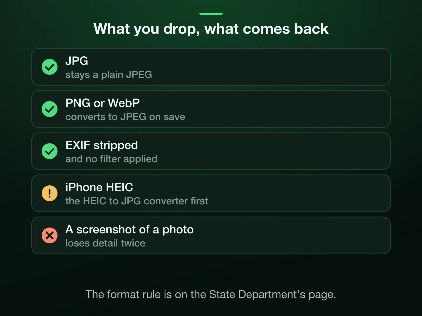 What comes back from each file: a JPG stays a plain JPEG, a PNG or WebP converts to JPEG on save, EXIF is stripped, an iPhone HEIC needs the HEIC to JPG converter first, and a screenshot of a photo loses detail twice.