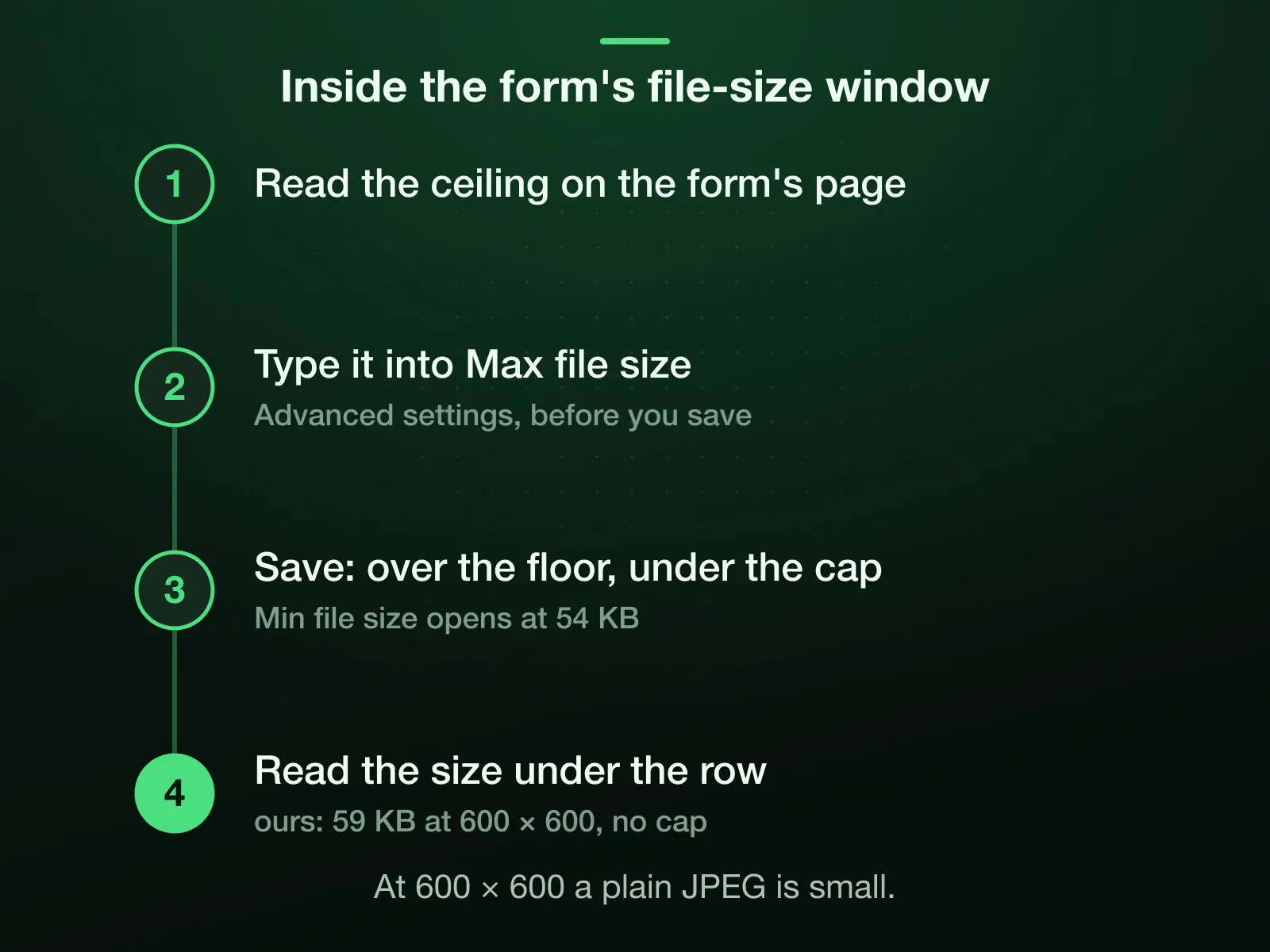 Four steps: read the ceiling on the form's page, type it into Max file size in Advanced settings, save over the 54 KB floor already armed in Min file size and at or under the cap, then read the size under the row. Our reference photo weighs 59 KB at 600 × 600 with no cap set.