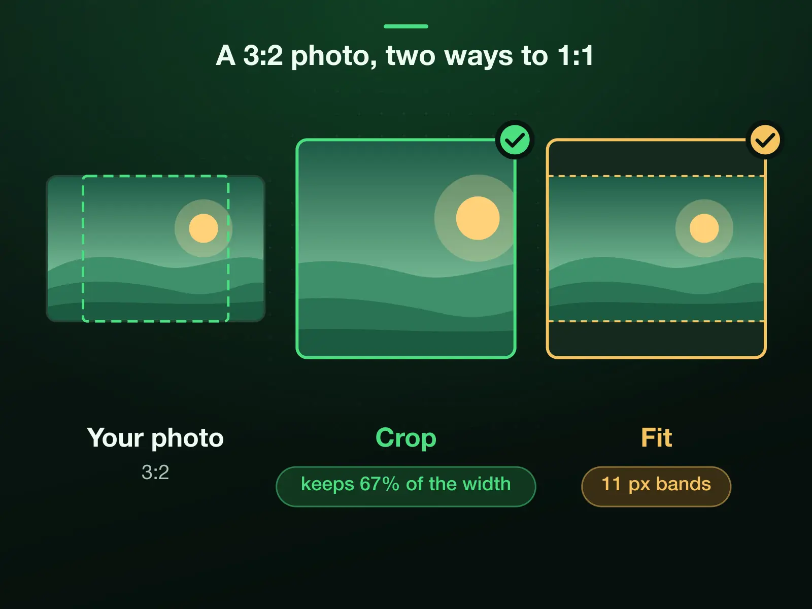 A 3:2 photo and two ways to make it 64 × 64: Crop keeps a 1:1 slice, 67% of its width; Fit keeps the whole picture at 64 × 43 with a 11 pixel band of fill above and below.