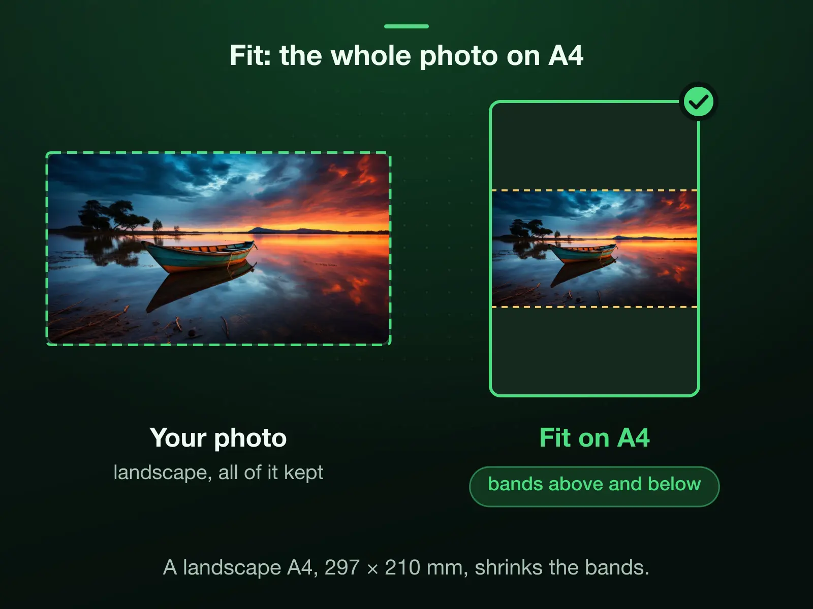 A landscape photo, all of it kept, and the same photo fitted on a portrait A4 page of 2480 × 3508 pixels: scaled to touch two edges, with bands of fill above and below and nothing cut. A landscape A4, 297 × 210 mm, shrinks the bands.