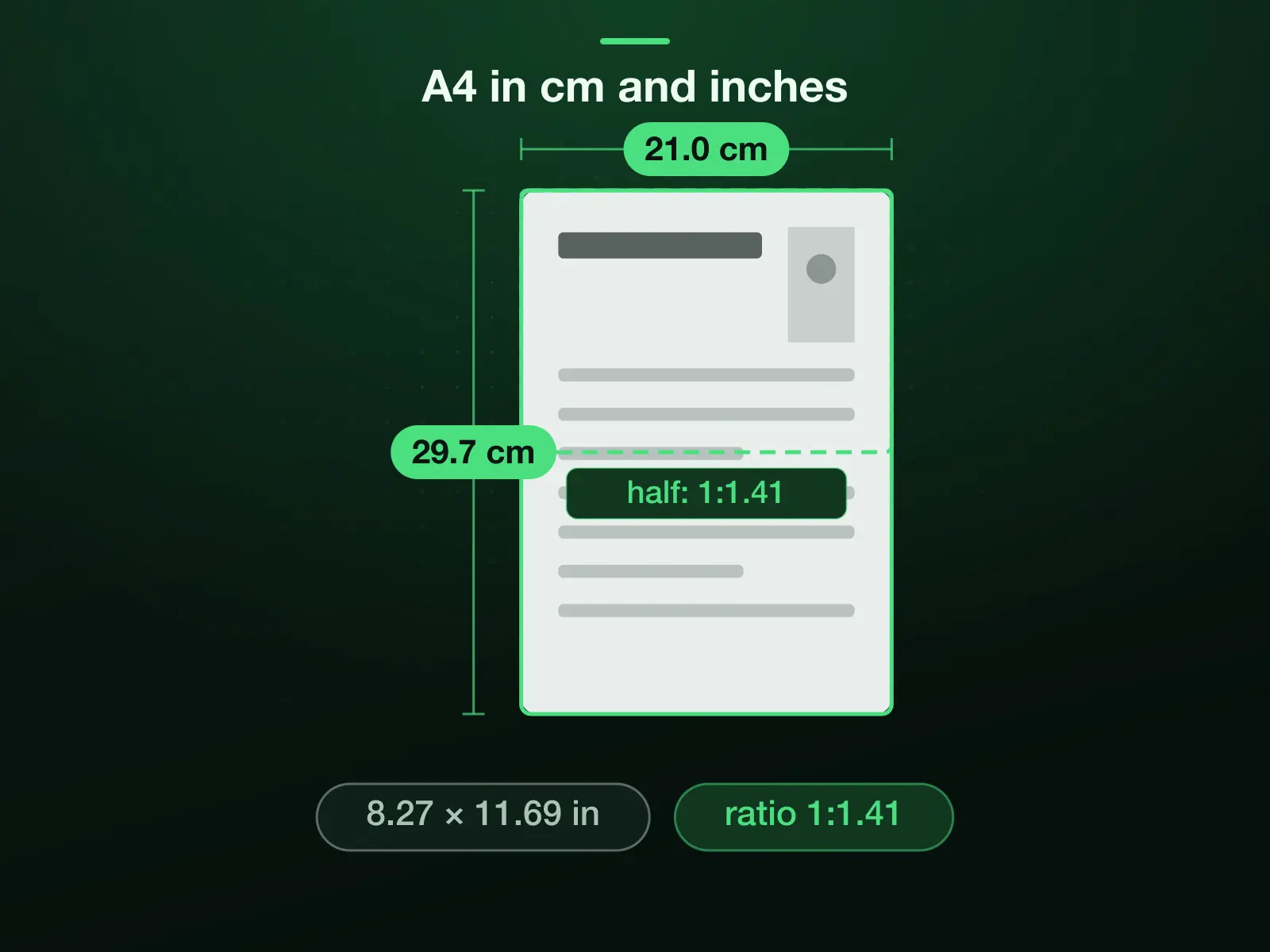 An A4 sheet, 21.0 × 29.7 cm or 8.27 × 11.69 inches, folded in half across its long side: the half has the same 1:1.41 shape, which is how A3, A4 and A5 nest.