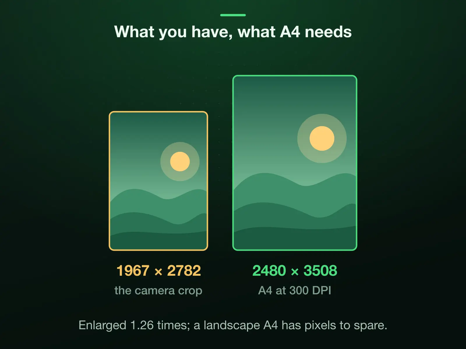 What our 4964 × 2782 camera photo holds against what a sharp A4 print needs, to one scale: a portrait A4 crop of 1967 × 2782 against 2480 × 3508 pixels at 300 DPI, so the export enlarges it 1.26 times.