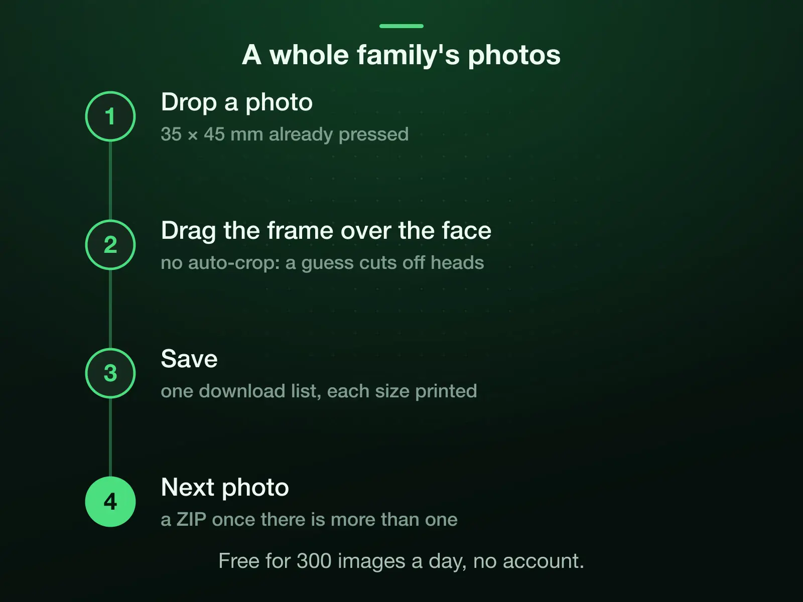 A family's photos one at a time: drop a photo with 35 × 45 mm already pressed, drag the frame over the face, save, then the next; every save lands in one download list, with a ZIP. Free for 300 images a day.