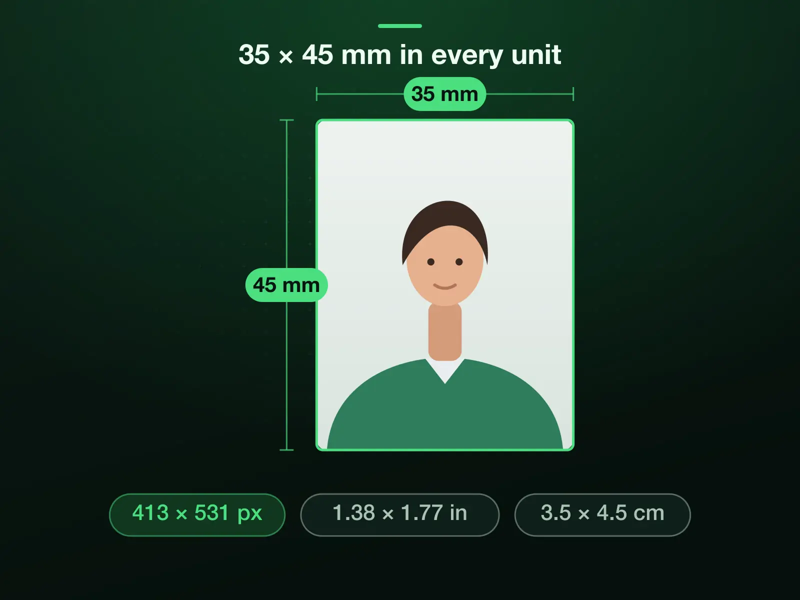 A 35 × 45 mm photo frame with its size in the other units: 413 × 531 pixels at 300 DPI, 1.38 × 1.77 inches and 3.5 × 4.5 cm.