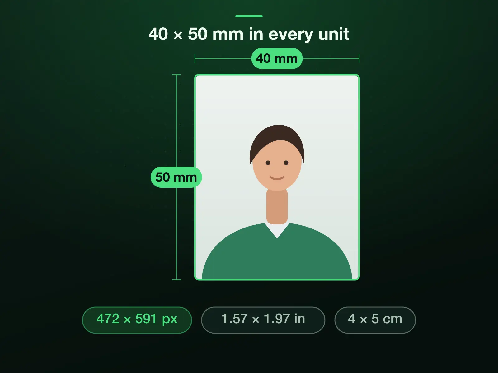 A 40 × 50 mm photo frame with its size in the other units: 472 × 591 pixels at 300 DPI, 1.57 × 1.97 inches and 4 × 5 cm, a 4:5 portrait.