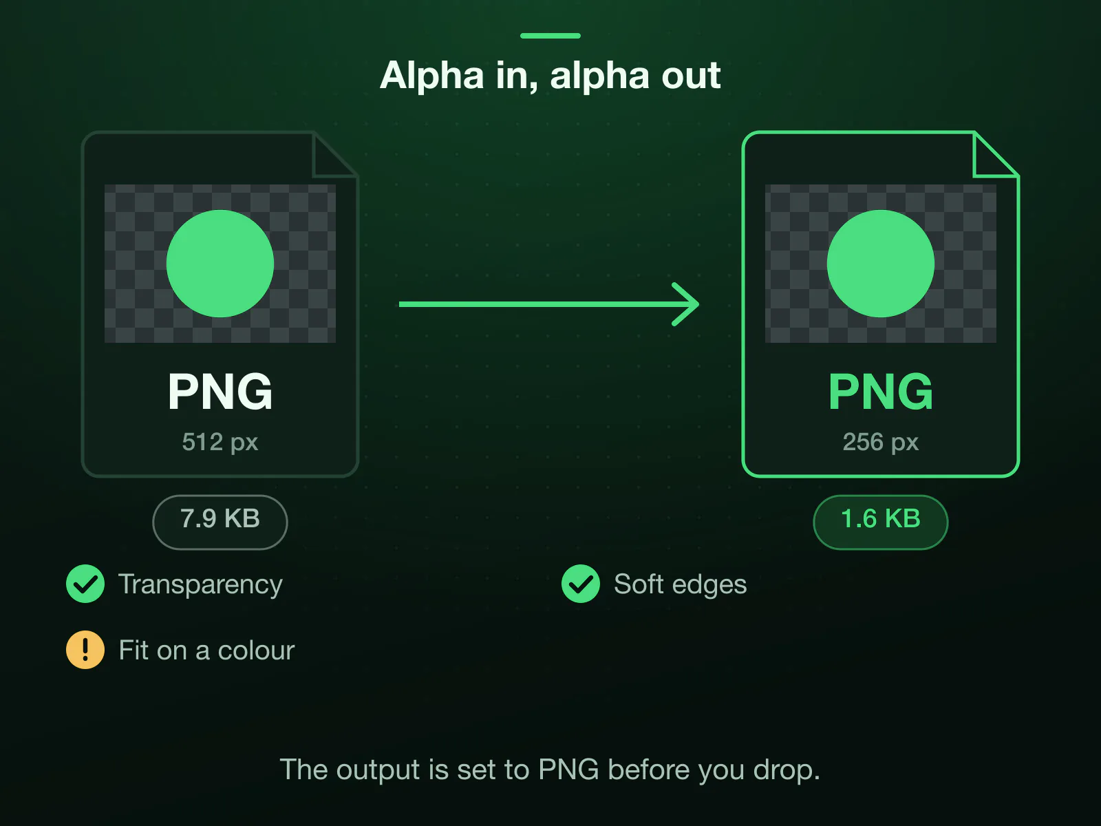 A transparent logo PNG, 512 × 512 and 7.9 KB, resized to 256 × 256: the result is a PNG of 1.6 KB with its transparency and its soft edges kept. Fit on a coloured pad is the one setting that fills the see-through part.