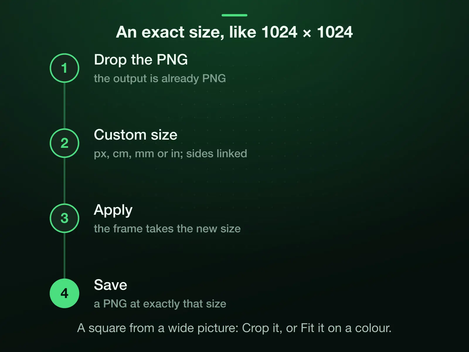 An exact PNG size in four moves: drop the PNG, the output already set to PNG; type the width and height into Custom size, the sides linked to keep the shape; Apply; Save. A square from a wider picture needs Crop or Fit.