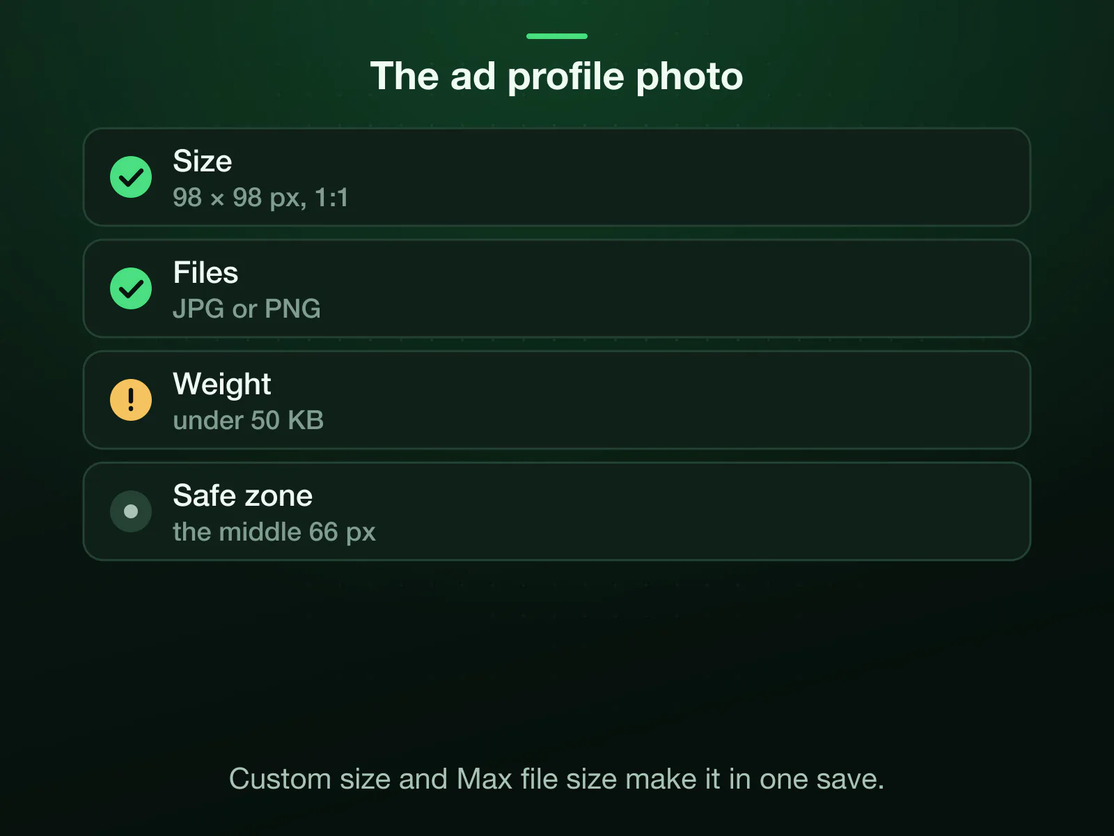 TikTok's in-feed ad profile photo: 98 × 98 pixels, square, JPG or PNG, under 50 KB, with the key element inside the middle 66 pixels. Spark Ads use the account's own photo.