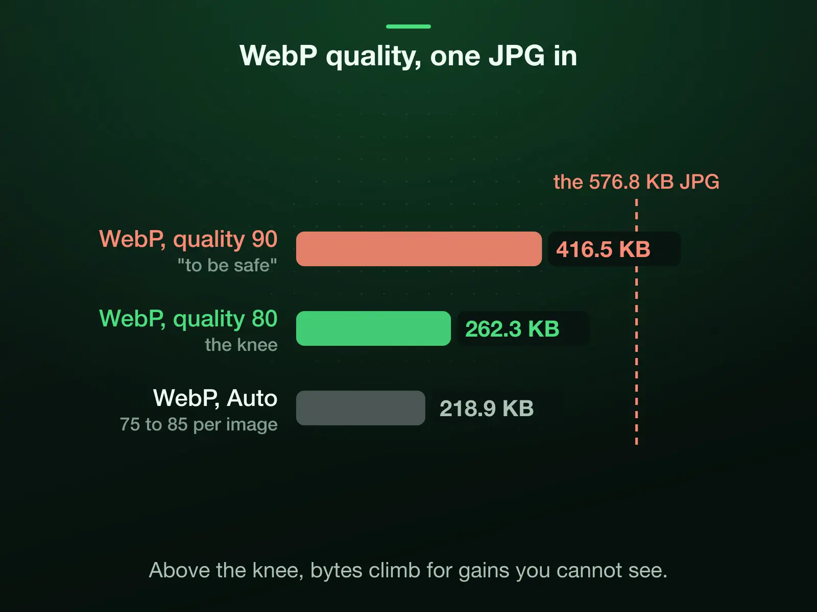 Our 576.8 KB reference JPG as WebP: 416.5 KB at quality 90, almost the JPG's own size, 262.3 KB at quality 80, the knee, and 218.9 KB on Auto, which stays between 75 and 85.